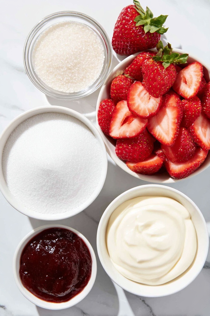 Flat lay of fresh whole strawberries, a small bowl of granulated sugar, a small white bowl of cold heavy cream, a small white bowl with smooth strawberry puree, fresh sliced strawberries arranged neatly, all placed on a clean white marble surface, soft natural light, photo taken with an iPhone, professional food photography style, fresh ingredients, white ceramic bowls, no bottles, no duplicates, no utensils, no packaging --ar 2:3 --v 7 --p m7354615311229779997 - Fresh Strawberry Mousse, strawberry mousse recipe, easy fruit mousse, healthy strawberry dessert, homemade berry mousse