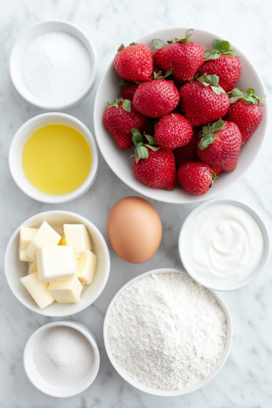 Flat lay of fresh whole strawberries with green caps removed and chopped in a small white ceramic bowl, a small white bowl of granulated sugar, a small white bowl of fresh lemon juice, a small white bowl of all-purpose plain flour, a small white bowl of melted vegan butter, a small white bowl of ground cinnamon, a small white bowl of dairy-free yogurt, a small white bowl of dairy-free milk, a small white bowl of neutral flavored oil, a small white bowl of apple cider vinegar, a small white bowl of vanilla extract, and an uncracked whole brown egg placed on a clean white marble surface, soft natural light, photo taken with an iPhone, professional food photography style, fresh ingredients, white ceramic bowls, no bottles, no duplicates, no utensils, no packaging --ar 2:3 --v 7 --p m7354615311229779997 - Vegan Strawberry Crumb Cake, plant-based strawberry dessert, vegan crumb cake recipe, easy vegan strawberry cake, dairy-free strawberry dessert