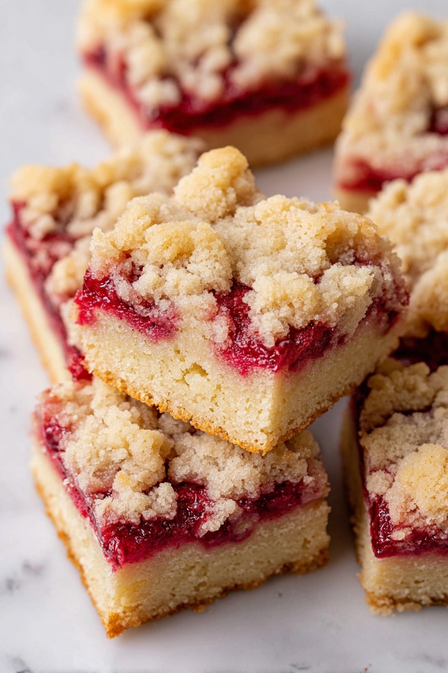 A close-up image of a single square piece of crumb cake with two visible layers: the bottom layer is light golden, soft, and moist cake, and the top layer is a thick, bright red strawberry filling covered by a crumbly golden brown streusel. The cake piece sits on a white plate with some crumbs and a small smear of red strawberry. In the background, more pieces of the same cake are softly blurred. The surface under the plate is a white marbled texture. Photo taken with an iphone --ar 2:3 --v 7 - Vegan Strawberry Crumb Cake, plant-based strawberry dessert, vegan crumb cake recipe, easy vegan strawberry cake, dairy-free strawberry dessert