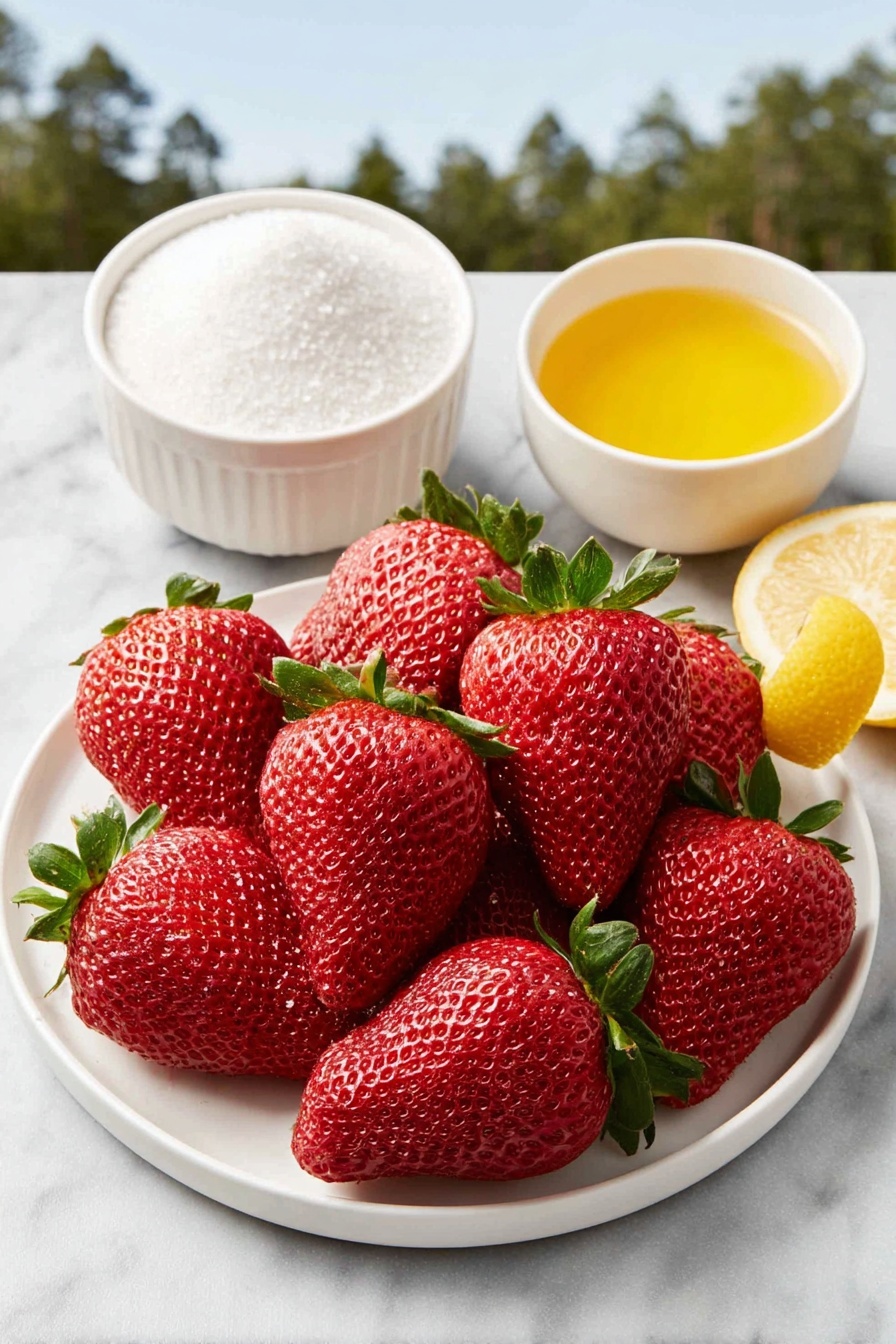 Flat lay of fresh whole strawberries with green leafy tops, a small white ceramic bowl filled with granulated white sugar, a small white ceramic bowl containing bright yellow lemon juice, and a single lemon zest curl placed beside a tiny pinch of coarse sea salt on the white ceramic plate, all arranged symmetrically in a balanced layout, placed on a clean white marble surface, soft natural light, photo taken with an iPhone, professional food photography style, fresh ingredients, white ceramic bowls, no bottles, no duplicates, no utensils, no packaging --ar 2:3 --v 7 --p m7354615311229779997 - Easy Strawberry Sorbet, strawberry sorbet, homemade fruit sorbet, no ice cream machine sorbet, refreshing summer desserts