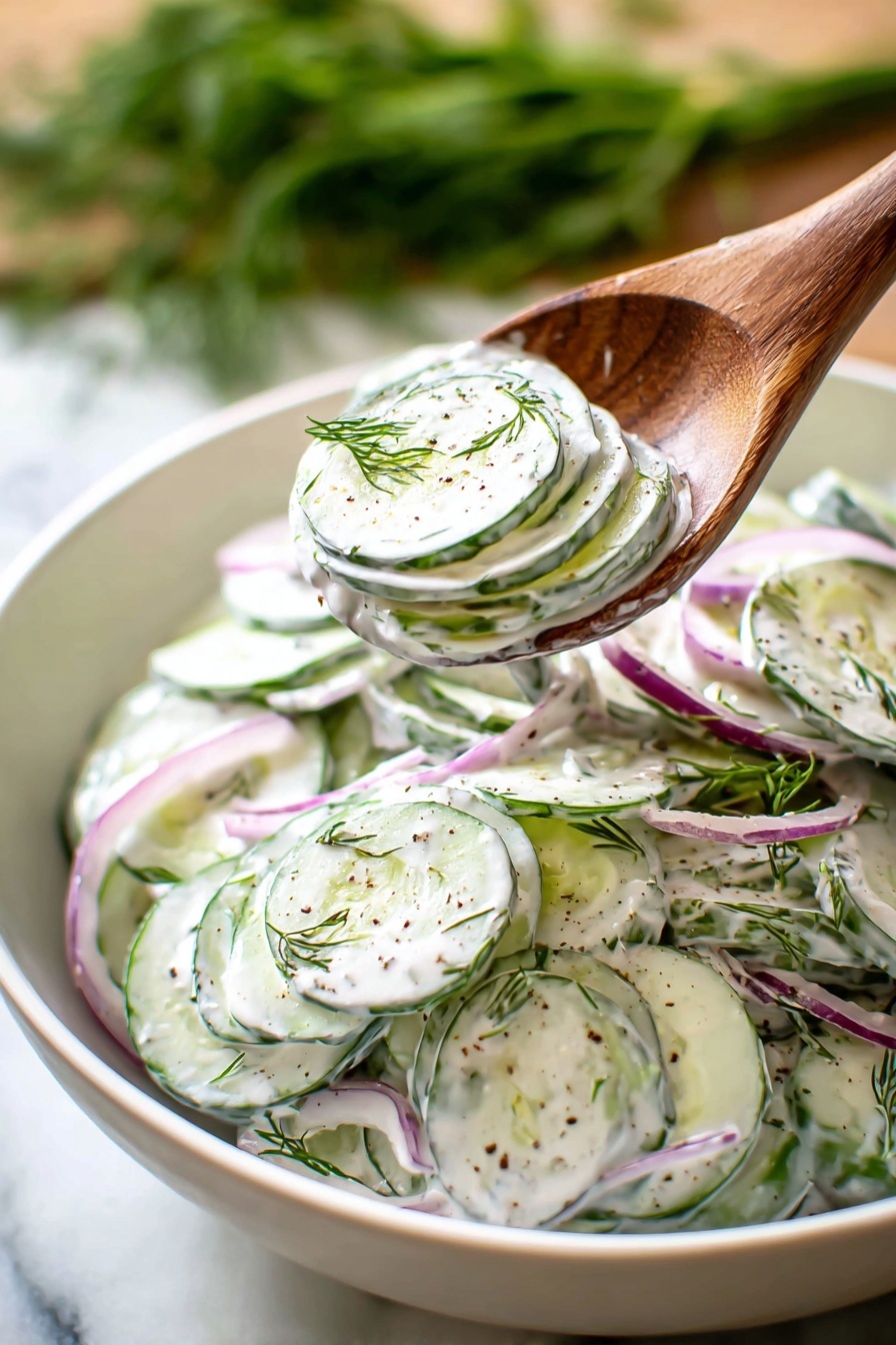A white bowl filled with creamy cucumber salad shows thin round cucumber slices coated in white creamy dressing with green dill sprinkled on top, mixed with thin light purple onion strips, all layered evenly inside the bowl. A wooden spoon holds several layered slices of cucumber and onion, lifted from the bowl, with flecks of black pepper and dill visible on the salad. The background features a blurred green herb and a white marbled surface photo taken with an iphone --ar 2:3 --v 7 - Creamy Cucumber Salad, easy cucumber salad, cool side dish, fresh cucumber salad recipe, quick cucumber salad