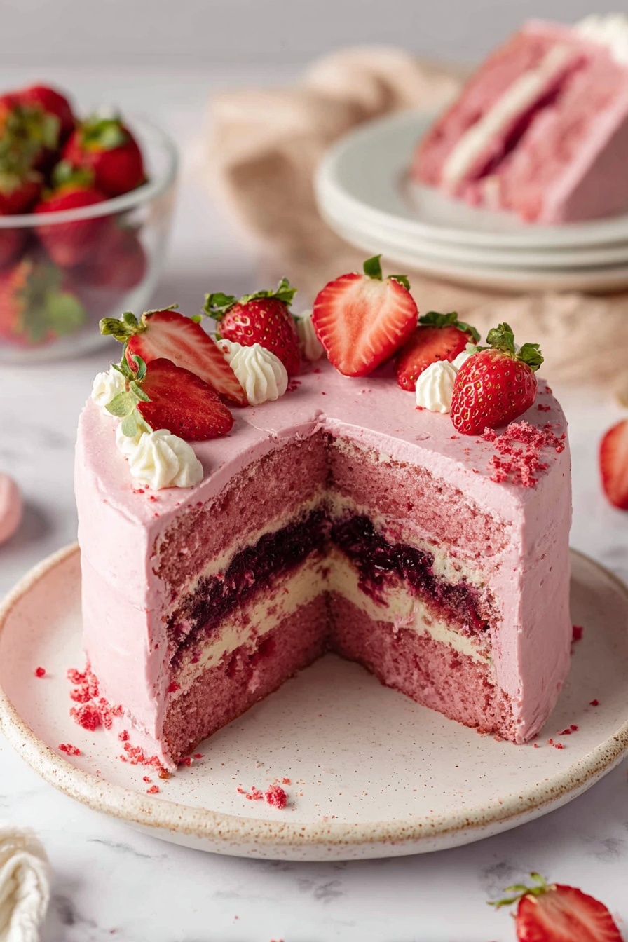 A round, single-layer pink strawberry cake sits on a white marbled surface. The cake's smooth pink frosting covers the top fully, decorated with whole and halved fresh strawberries placed around the edge in a circular pattern. Small white cream dollops are piped between the strawberries, with tiny pieces of freeze-dried strawberries sprinkled lightly as garnish. Several loose whole and halved strawberries are scattered around the cake on the white marbled surface. Photo taken with an iphone --ar 2:3 --v 7 - Vegan Strawberry Cake, vegan strawberry dessert, plant-based strawberry cake, dairy-free strawberry cake, healthy vegan cake