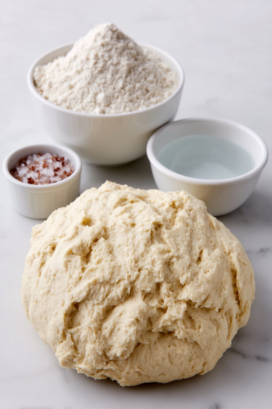 Flat lay of a small mound of natural sourdough starter with a bubbly texture, a heaping pile of fine all-purpose flour, a small white ceramic bowl filled with coarse salt crystals, a small white ceramic bowl containing clear water, each ingredient fresh and natural, arranged with perfect symmetry and realistic proportions, placed on a clean white marble surface, soft natural light, photo taken with an iPhone, professional food photography style, fresh ingredients, white ceramic bowls, no bottles, no duplicates, no utensils, no packaging --ar 2:3 --v 7 --p m7354615311229779997 - Overnight Sourdough Bread, homemade sourdough bread, easy sourdough recipe, crusty sourdough loaf, beginner sourdough baking