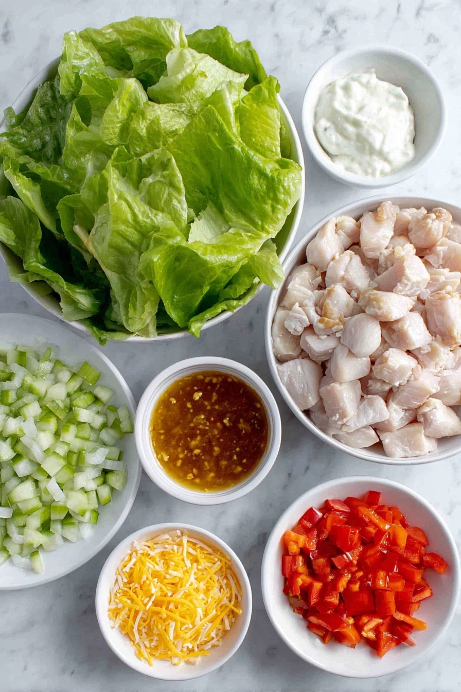 Flat lay of diced cooked chicken breast, small white bowl of golden honey garlic sauce, small white bowl of bright red buffalo wing sauce, two heads of fresh chopped romaine lettuce, small white bowl of creamy ranch dressing, half medium diced red onion, large diced red bell pepper, half large diced cucumber, small pile of shredded cheddar cheese, all arranged with perfect symmetry and realistic proportions on simple white ceramic plates and bowls, placed on a clean white marble surface, soft natural light, photo taken with an iPhone, professional food photography style, fresh ingredients, white ceramic bowls, no bottles, no duplicates, no utensils, no packaging --ar 2:3 --v 7 --p m7354615311229779997 - Honey Hot Chicken Salad, spicy honey chicken salad, easy chicken salad ideas, quick dinner salads, flavorful chicken salad