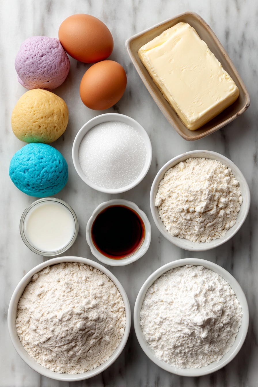 Flat lay of a few smooth balls of pastel-colored dough in soft pink, yellow, green, blue, and purple hues, a small mound of soft unsalted butter, two whole large eggs with clean shells, a small white ceramic bowl of granulated sugar, a small white ceramic bowl of all-purpose flour, a small white ceramic bowl of powdered sugar, a small white ceramic bowl of milk, and a small white ceramic bowl of vanilla extract, all arranged symmetrically on a clean white marble surface, soft natural light, photo taken with an iPhone, professional food photography style, fresh ingredients, white ceramic bowls, no bottles, no duplicates, no utensils, no packaging --ar 2:3 --v 7 --p m7354615311229779997 - Pastel Sugar Cookie Sandwiches, colorful cookie sandwiches, vanilla filling sugar cookies, soft sugar cookie recipe, party-ready cookie treats