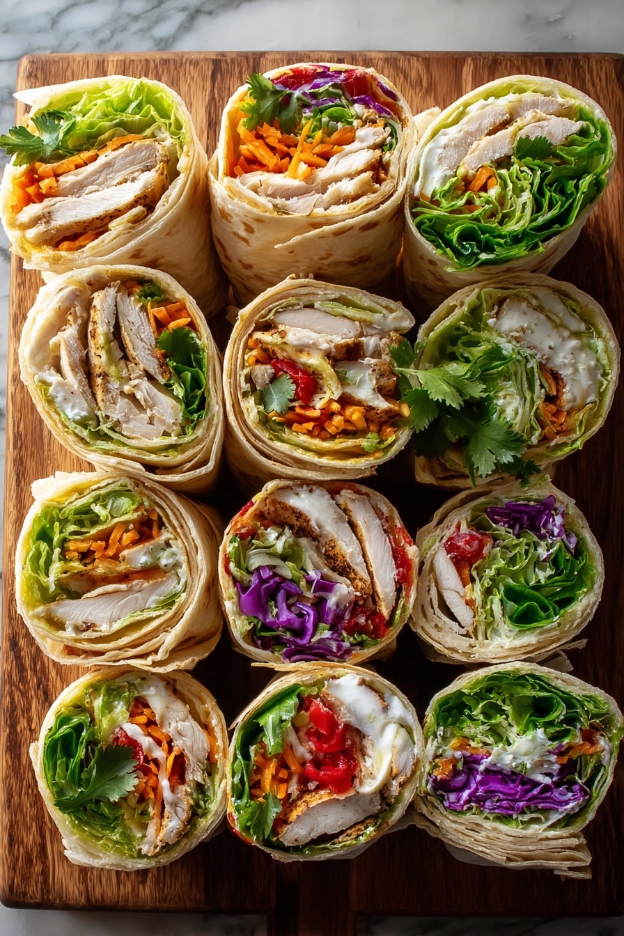 A wooden board holds eight cut tortilla wraps arranged closely in two rows. Each wrap shows multiple layers: a soft, lightly toasted outer white tortilla, followed by a mix of bright green lettuce, folded white cooked chicken slices, and various vegetables including purple cabbage, orange shredded carrot, red bell pepper, and fresh green cilantro leaves. Some wraps have a creamy white sauce visible near the edges. The wraps are tightly rolled, showing clear spiral layers of colorful fresh vegetables and tender chicken inside. The background is a white marbled texture. photo taken with an iphone --ar 2:3 --v 7 - Chicken Caesar Wraps, easy Caesar wrap recipe, quick lunch ideas, healthy chicken wraps, flavorful chicken wraps