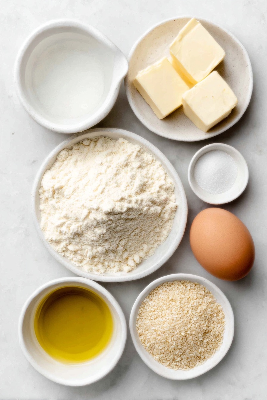 Flat lay of a small mound of all purpose flour on a simple white ceramic plate, a small white bowl with clear water, a small white bowl filled with granulated white sugar, a few pats of soft unsalted butter, a small white bowl of golden vegetable oil, one heap of fine instant yeast powder on a white ceramic dish, one large whole brown egg with a clean shell, a small white bowl containing fine white table salt, a small white bowl with melted unsalted butter, a small white bowl holding a raw whole egg, a small white bowl with clear water, and a small pile of sesame seeds on a white ceramic plate, arranged in perfect symmetry and natural proportions, all ingredients fresh and natural, placed on a clean white marble surface, soft natural light, photo taken with an iPhone, professional food photography style, fresh ingredients, white ceramic bowls, no bottles, no duplicates, no utensils, no packaging --ar 2:3 --v 7 --p m7354615311229779997 - Homemade Hamburger Buns, easy burger buns, soft sandwich buns, homemade bread rolls, fluffy burger buns
