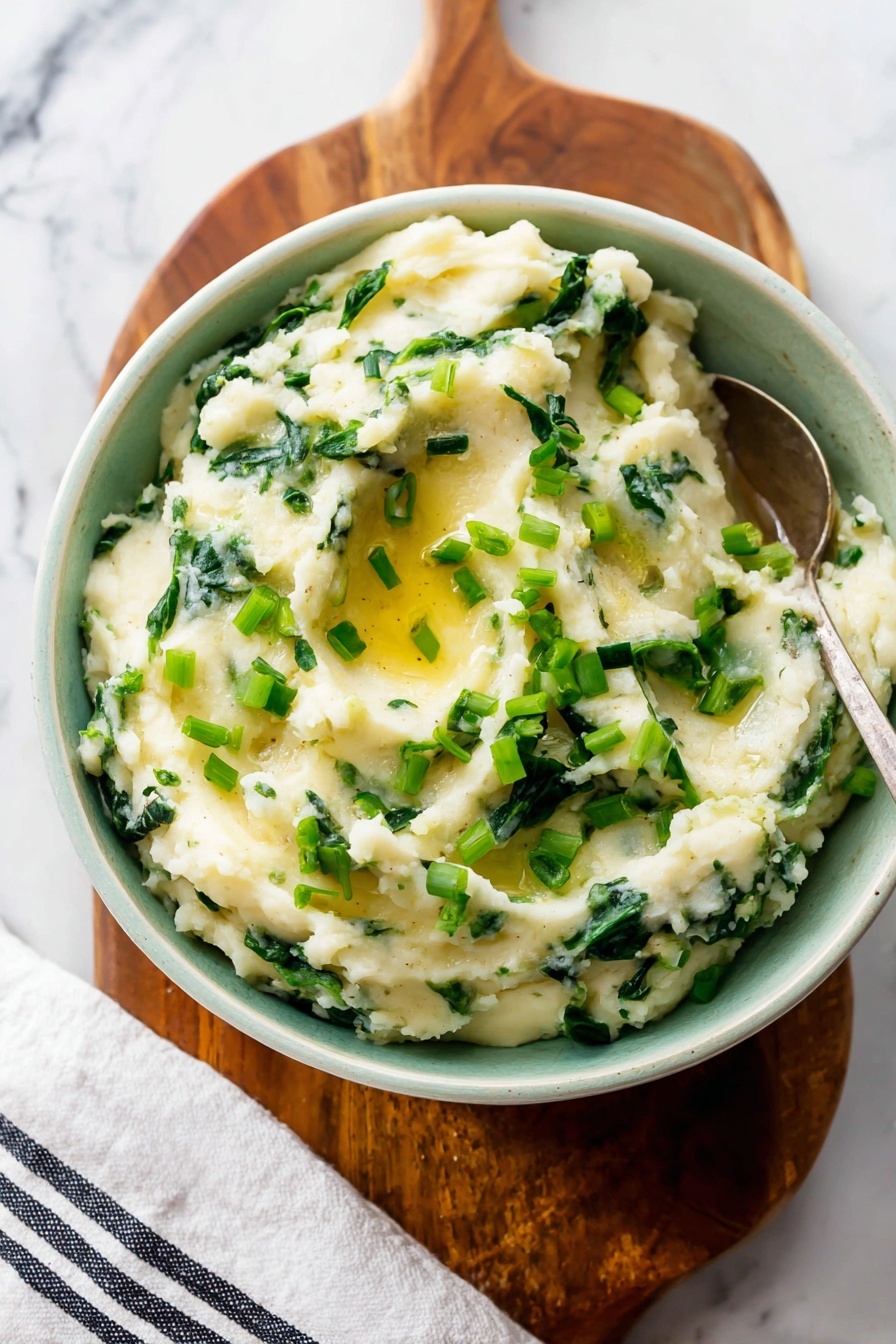 A bowl filled with creamy mashed potatoes mixed with green leafy bits, topped with bright green chopped scallions sprinkled all over. In the center, a small pool of melted butter shines with a soft yellow color, blending into the mashed potatoes. A spoon is partly inside the bowl on the right side. The bowl is white with a slightly green tint and rests on a wooden board, set against a white marbled textured background. A white cloth with dark stripes is placed near the bowl. Photo taken with an iphone --ar 2:3 --v 7 - Kale Colcannon Mash, hearty kale mashed potatoes, green vegetable side dish, creamy kale potato mash, healthy comfort food