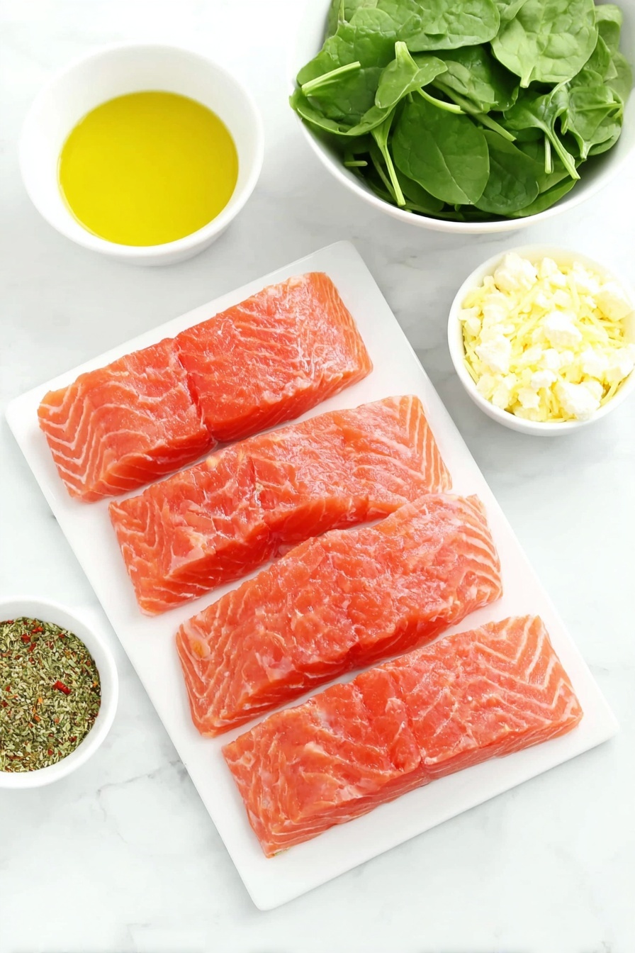 Flat lay of four long, fresh pieces of raw salmon fillet with bright pink flesh, a small white ceramic bowl of golden olive oil, a pile of fresh green baby spinach leaves, a block of crumbly white feta cheese, a small white bowl filled with chopped roasted red peppers, a small white bowl holding finely grated pale yellow parmesan cheese, and a white ceramic bowl with a fragrant mix of dried Italian herbs and bright reddish paprika powder, placed on a clean white marble surface, soft natural light, photo taken with an iPhone, professional food photography style, fresh ingredients, white ceramic bowls, no bottles, no duplicates, no utensils, no packaging --ar 2:3 --v 7 --p m7354615311229779997 - Stuffed Salmon with Spinach and Feta, stuffed salmon recipe, healthy stuffed salmon, easy salmon dinner, gourmet salmon fillet