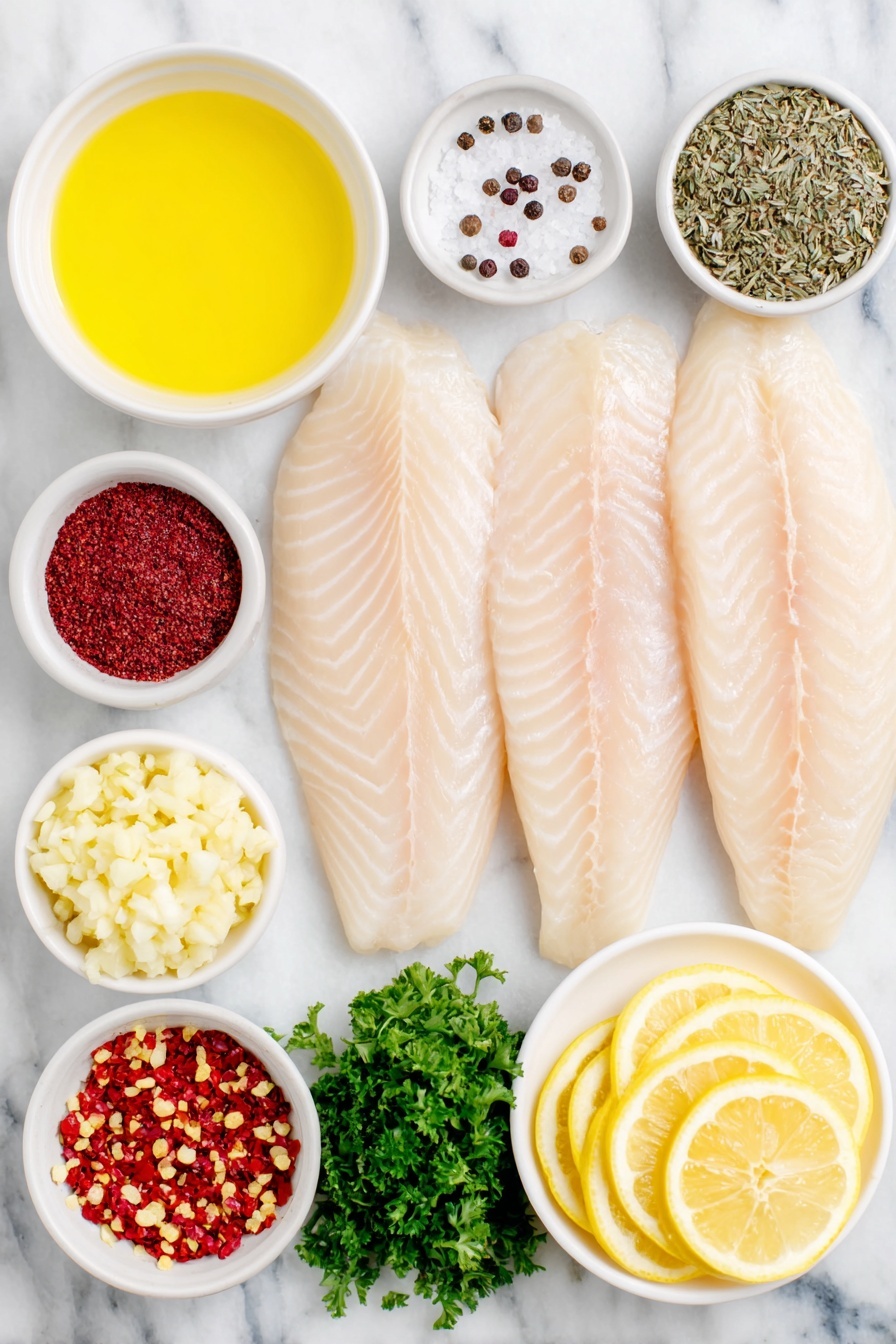 Flat lay of four fresh tilapia fillets with smooth, pale pink flesh, a small pile of coarse salt and freshly ground black peppercorns, a tiny mound of deep red paprika powder, a small heap of dried greenish-brown thyme leaves, a small heap of dried oregano leaves, a simple white ceramic bowl holding melted golden butter, a small white bowl filled with finely minced fresh garlic cloves, a white bowl with bright yellow freshly squeezed lemon juice, a small bowl containing vibrant yellow lemon zest, thin bright yellow lemon slices arranged neatly on a white plate, a few small red pepper flakes scattered gently, and a small bunch of vibrant green chopped fresh parsley all arranged symmetrically and balanced, placed on a clean white marble surface, soft natural light, photo taken with an iPhone, professional food photography style, fresh ingredients, white ceramic bowls, no bottles, no duplicates, no utensils, no packaging --ar 2:3 --v 7 --p m7354615311229779997 - Garlic Butter Baked Tilapia, tilapia dinner ideas, easy fish recipes, quick seafood recipes, healthy baked fish