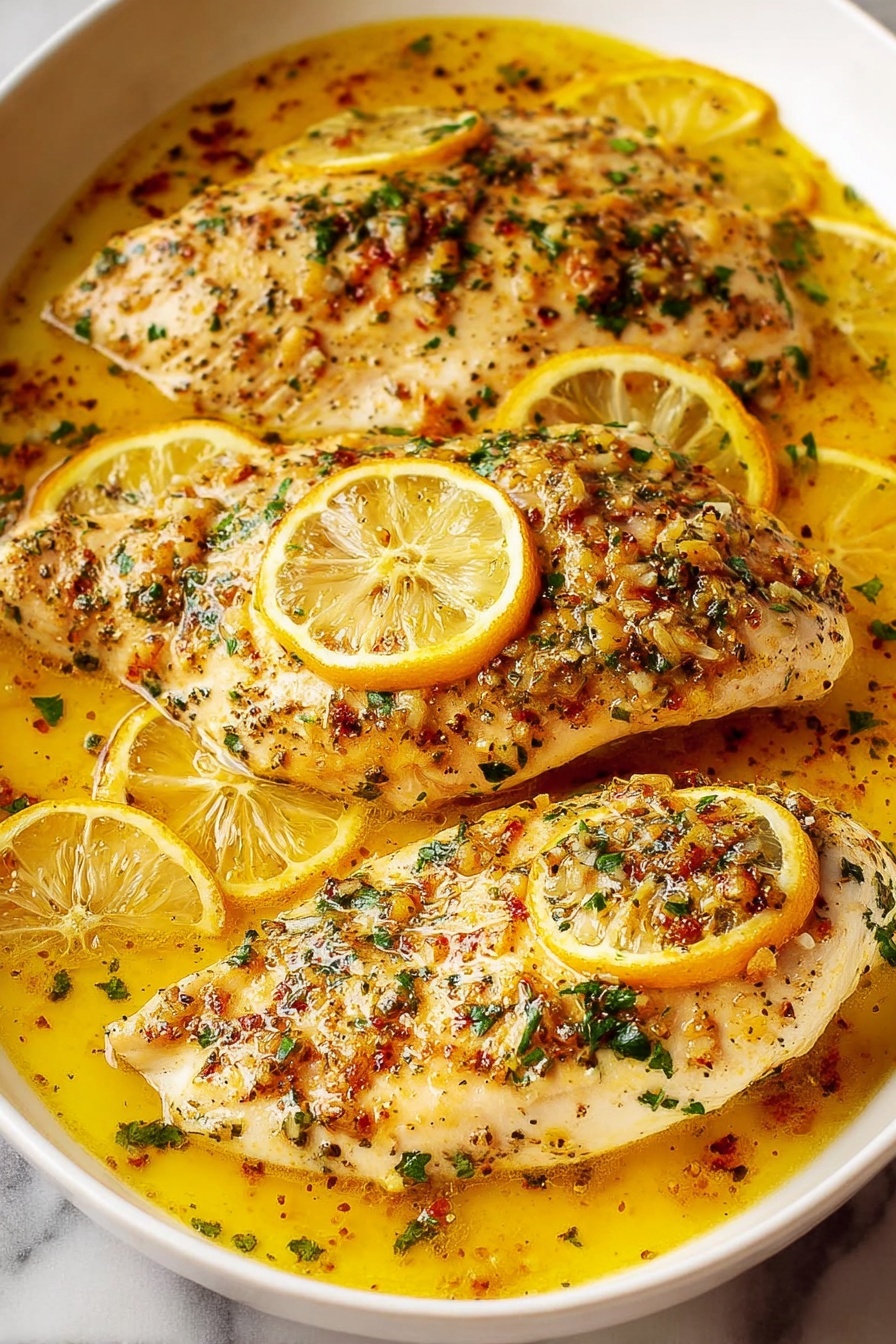 The image shows a white oval dish filled with four pieces of cooked chicken. Each piece has a golden brown color with small bits of minced garlic and green herbs sprinkled on top. There are thin slices of bright yellow lemon placed on and around the chicken. The dish is filled with a light yellow sauce that looks oily and seasoned with small herb flakes. The background is a white marbled texture. photo taken with an iphone --ar 2:3 --v 7 - Garlic Butter Baked Tilapia, tilapia dinner ideas, easy fish recipes, quick seafood recipes, healthy baked fish