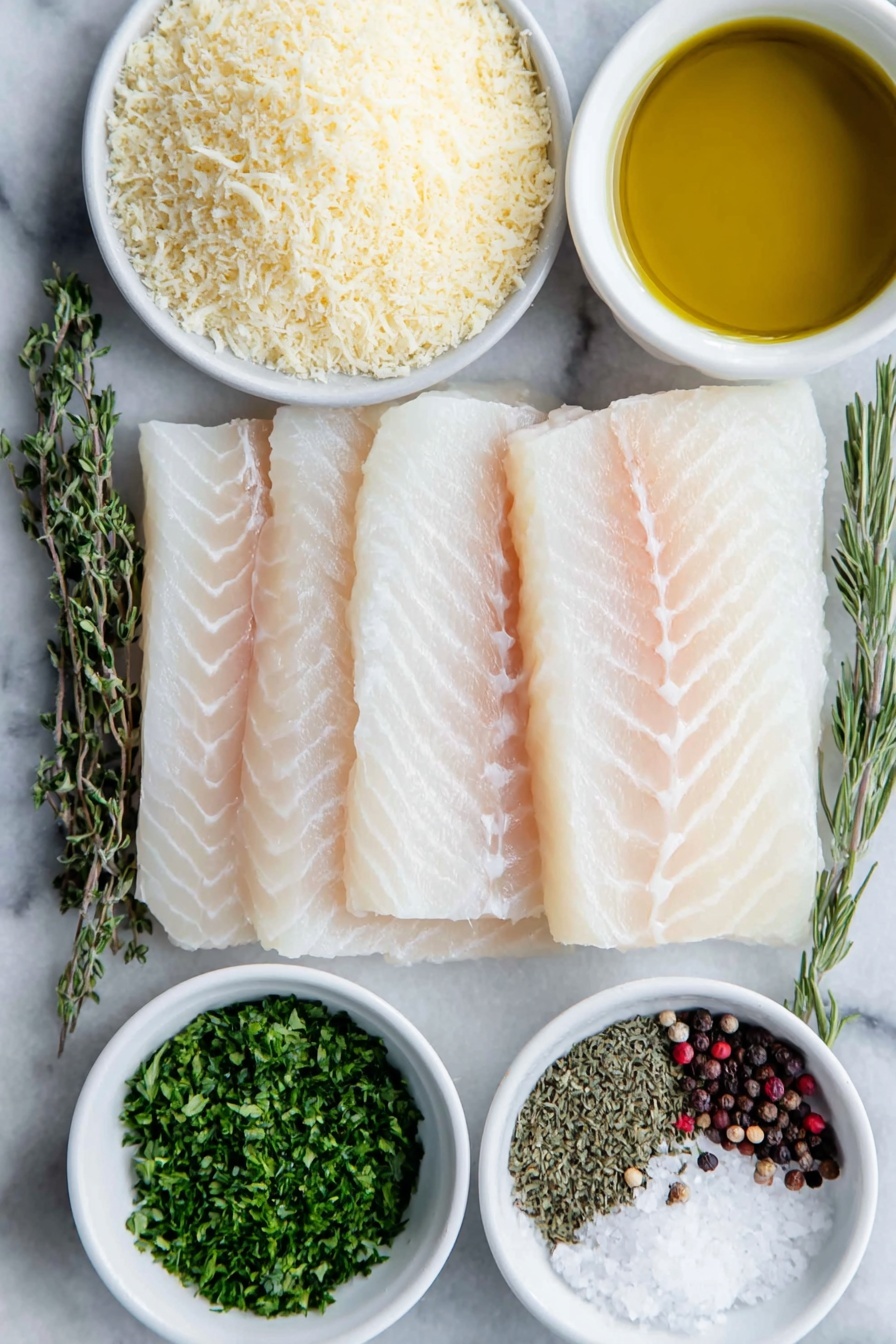 Flat lay of four fresh tilapia filets with smooth pale pink flesh, a small mound of golden panko breadcrumbs, a small white bowl of finely grated pale yellow parmesan cheese, a small white bowl of mixed green Italian seasoning herbs, a small white bowl of pale beige garlic powder, a small white bowl with bright green freshly chopped parsley, a small white bowl with fresh lime juice showing a pale yellow-green liquid, coarse salt crystals and cracked black peppercorns scattered neatly in a line, and a small white bowl with rich golden olive oil, all arranged in perfect symmetry on a clean white marble surface, soft natural light, photo taken with an iPhone, professional food photography style, fresh ingredients, white ceramic bowls, no bottles, no duplicates, no utensils, no packaging --ar 2:3 --v 7 --p m7354615311229779997 - Easy Parmesan Crusted Tilapia, Parmesan Crusted Fish, Crispy Tilapia Dinner, Baked Tilapia with Parmesan, Quick Fish Recipes