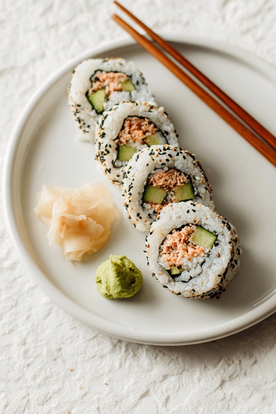A white plate holds five sushi rolls lined up diagonally, each roll wrapped in a layer of white rice sprinkled with black and toasted sesame seeds. Inside the rolls, there is a dark seaweed layer lining the rice, with bright green cucumber pieces and a pinkish-orange textured filling in the center. Next to the rolls on the plate are two small mounds: one of green wasabi and one of light beige pickled ginger. Two wooden chopsticks rest on the upper right edge of the plate. The plate sits on a white marbled textured surface. photo taken with an iphone --ar 2:3 --v 7 - Spicy Tuna Sushi Roll, sushi night ideas, homemade sushi rolls, easy sushi recipes, spicy tuna sushi