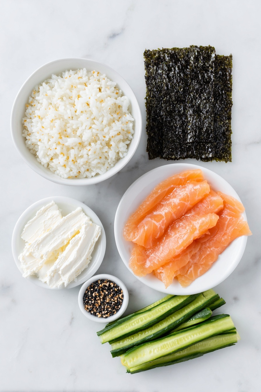 Flat lay of a simple white ceramic bowl filled with glossy, seasoned sushi rice, a few whole sheets of roasted nori seaweed stacked neatly, several long strips of creamy white cream cheese arranged side by side, thinly sliced translucent smoked salmon pieces fanned out delicately, a small pile of fresh julienned cucumber sticks with vibrant green skin, a tiny white bowl holding scattered black toasted sesame seeds, all placed on a clean white marble surface, soft natural light, photo taken with an iPhone, professional food photography style, fresh ingredients, white ceramic bowls, no bottles, no duplicates, no utensils, no packaging --ar 2:3 --v 7 --p m7354615311229779997 - Cream Cheese Salmon Sushi Rolls, salmon sushi rolls, homemade sushi, Easy salmon sushi, sushi roll recipe