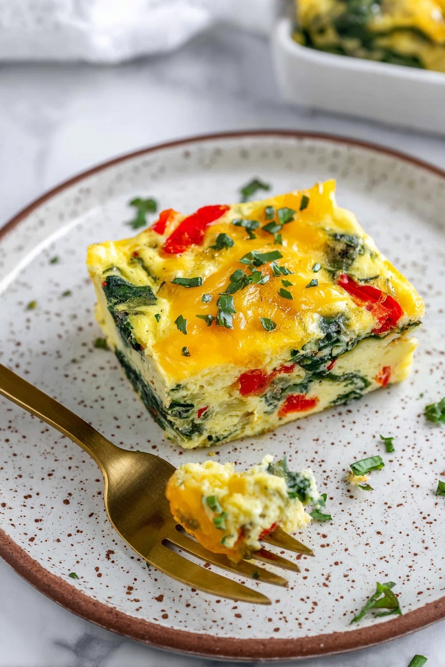 The image shows a square piece of baked egg dish with three visible layers. The bottom layer is light yellow and soft, the middle layer has green spinach leaves and red bell pepper pieces, and the top layer is covered with melted yellow cheese sprinkled with chopped green herbs. The piece sits on a round white plate with brown speckles. There are some green herb pieces scattered around on the plate. A golden fork with a small bite of the dish rests on the plate near the piece. The background is a white marbled texture. photo taken with an iphone --ar 2:3 --v 7 - High-Protein Cottage Cheese Egg Bake, healthy breakfast ideas, easy high-protein meals, veggie-packed egg casserole, meal prep breakfast