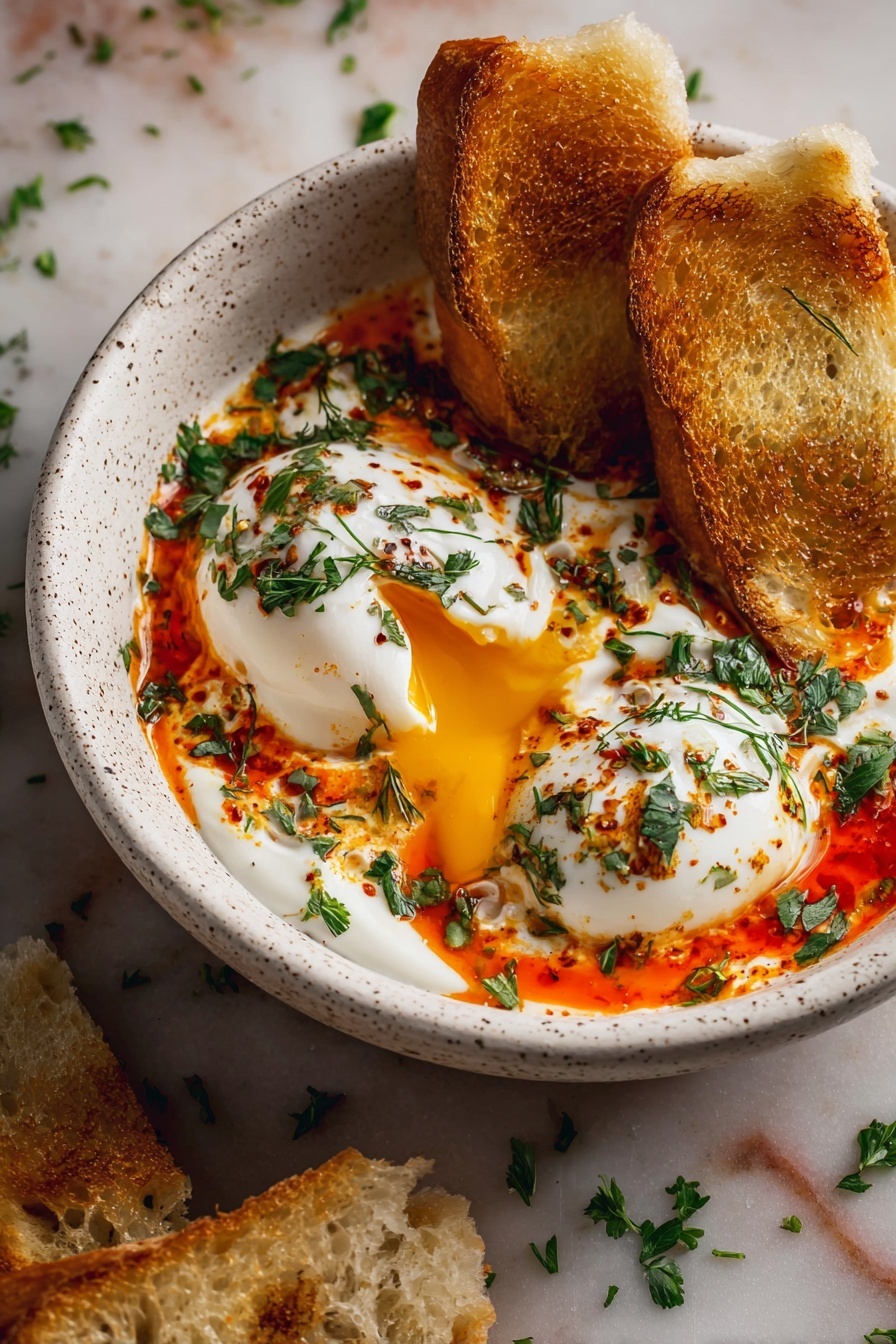 A white speckled bowl holds a layered dish starting with a creamy white yogurt base, topped by two poached eggs with soft, white, slightly textured surfaces; one egg is opened to show a bright yellow yolk flowing out. Bright orange-red sauce is drizzled across the eggs and yogurt, with green herb pieces sprinkled on top. Beside the eggs, there are three toasted golden brown bread slices standing upright. The bowl sits on a white marbled surface with small green herbs scattered around, creating a fresh and warm presentation. Photo taken with an iphone --ar 2:3 --v 7 - Turkish Eggs with Herbed Yogurt and Butter Sauce, Turkish Eggs, Herbed Yogurt Eggs, Poached Eggs with Butter Sauce, Middle Eastern Breakfast Ideas
