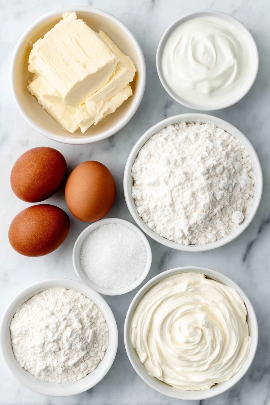 Flat lay of a small mound of softened pale yellow butter, a neat pile of granulated white sugar, two whole uncracked brown eggs, a small white bowl with clear sour cream, a small white bowl containing fine white baking powder, a small white bowl with fine white baking soda, a small white bowl of fine white salt, a small pile of white all-purpose flour, a small white bowl filled with powdered sugar, and a small white bowl with smooth cream cheese, all arranged in perfect symmetry with balanced proportions on a clean white marble surface, soft natural light, photo taken with an iPhone, professional food photography style, fresh ingredients, white ceramic bowls, no bottles, no duplicates, no utensils, no packaging --ar 2:3 --v 7 --p m7354615311229779997 - Soft Sour Cream Sugar Cookies with Cream Cheese Frosting, sour cream sugar cookies, cream cheese frosting cookies, tender sugar cookies, easy holiday cookies