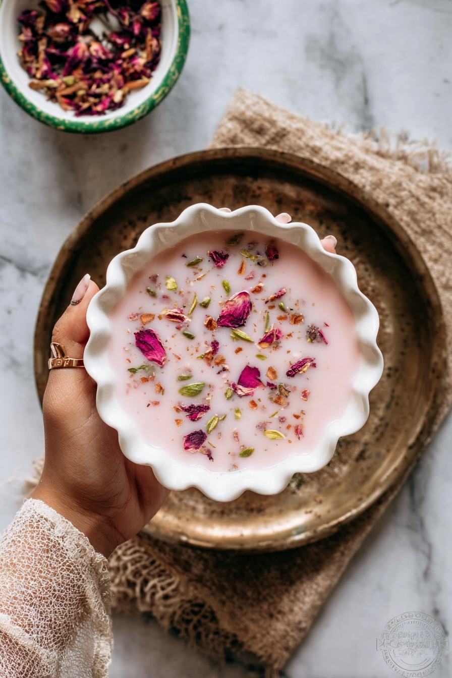 A woman's hand holds a white scalloped bowl filled with a smooth, light pink liquid, topped with small colorful pieces like green slivers, tiny brown bits, and vibrant pink flower petals scattered on the surface. The bowl is positioned above a bronze tray with a loosely woven beige cloth beneath it, all set on a white marbled texture. In the background, slightly out of focus, there is a small white bowl with a green rim filled with dark red and brown dried petals. photo taken with an iphone --ar 2:3 --v 7 - Vegan Rose Basundi, vegan Indian desserts, floral vegan pudding, dairy-free rose basundi, vegan festive sweets
