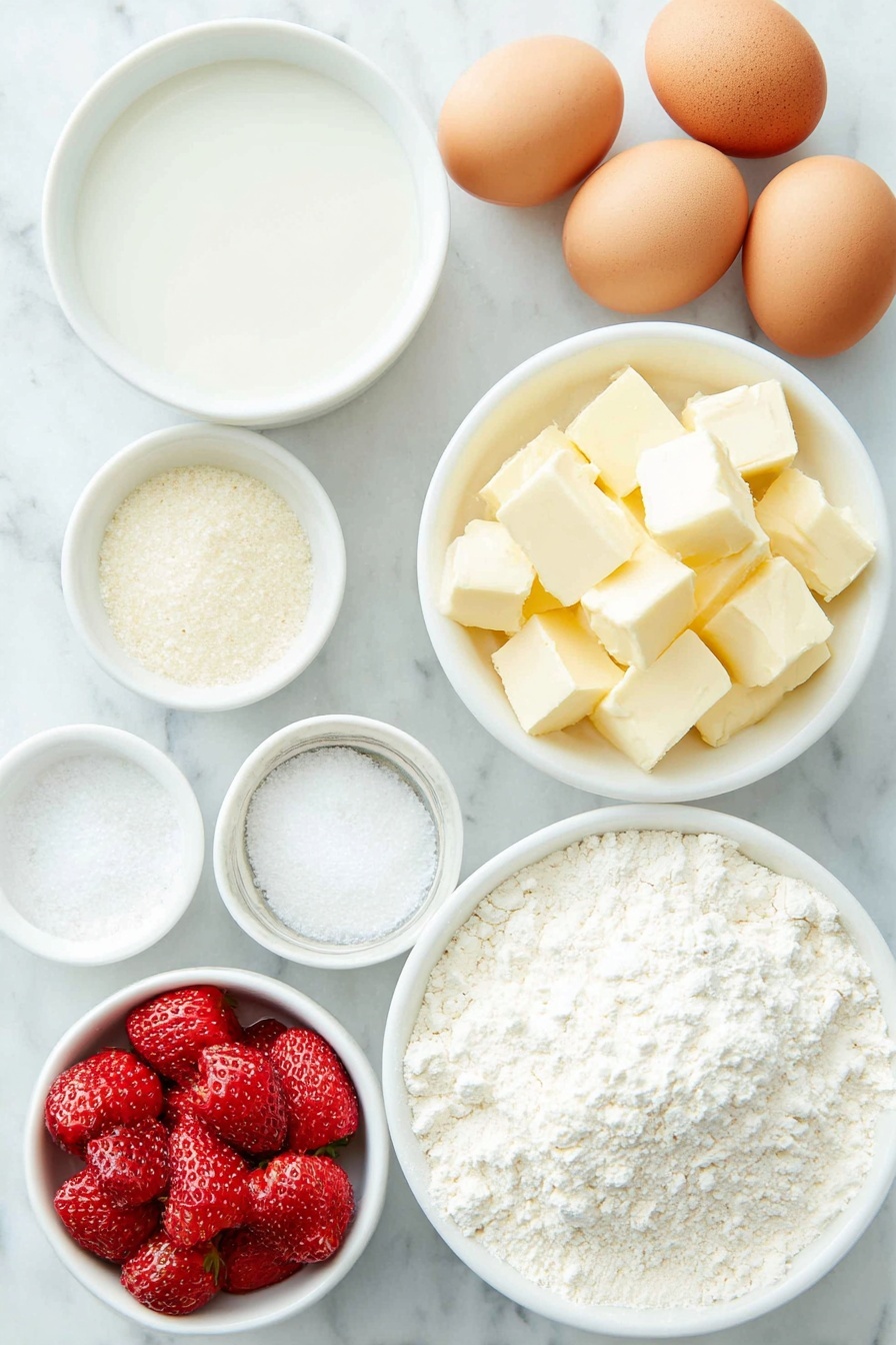 Flat lay of a small white ceramic bowl of water, a small white ceramic bowl of whole milk, a small white ceramic bowl of unsalted butter cubes, a small white ceramic bowl of granulated sugar, a small white ceramic bowl of salt, a small white ceramic bowl of bread flour, four large whole uncracked eggs with clean shells, a small white ceramic bowl of pureed fresh strawberries, a small white ceramic bowl of powdered sugar, a small white ceramic bowl of freeze-dried strawberry bits, placed on a clean white marble surface, soft natural light, photo taken with an iPhone, professional food photography style, fresh ingredients, white ceramic bowls, no bottles, no duplicates, no utensils, no packaging --ar 2:3 --v 7 --p m7354615311229779997 - Strawberry Glazed French Crullers, French Crullers with Strawberry Glaze, Easy Strawberry Glullers Recipe, Light and Airy Donuts with Strawberry Glaze, Homemade Strawberry Glullers