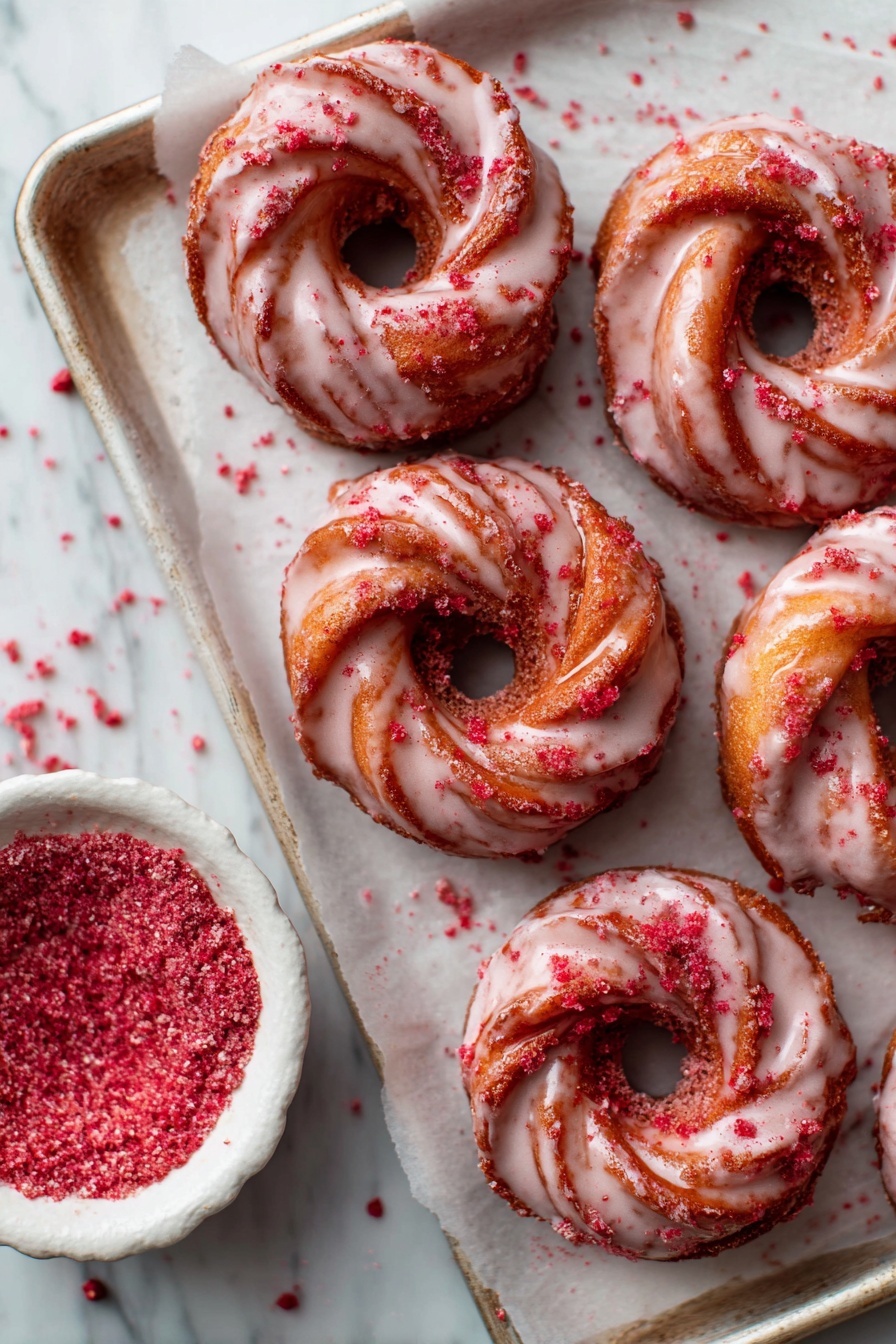 The image shows six round, twisted donuts on a white tray with parchment paper. Each donut has a light pink shiny glaze drizzled over the top and is dusted with red crumbs. There is a small white bowl filled with the same red crumbs at the bottom left corner. The background is a white marbled texture. photo taken with an iphone --ar 2:3 --v 7 - Strawberry Glazed French Crullers, French Crullers with Strawberry Glaze, Easy Strawberry Glullers Recipe, Light and Airy Donuts with Strawberry Glaze, Homemade Strawberry Glullers