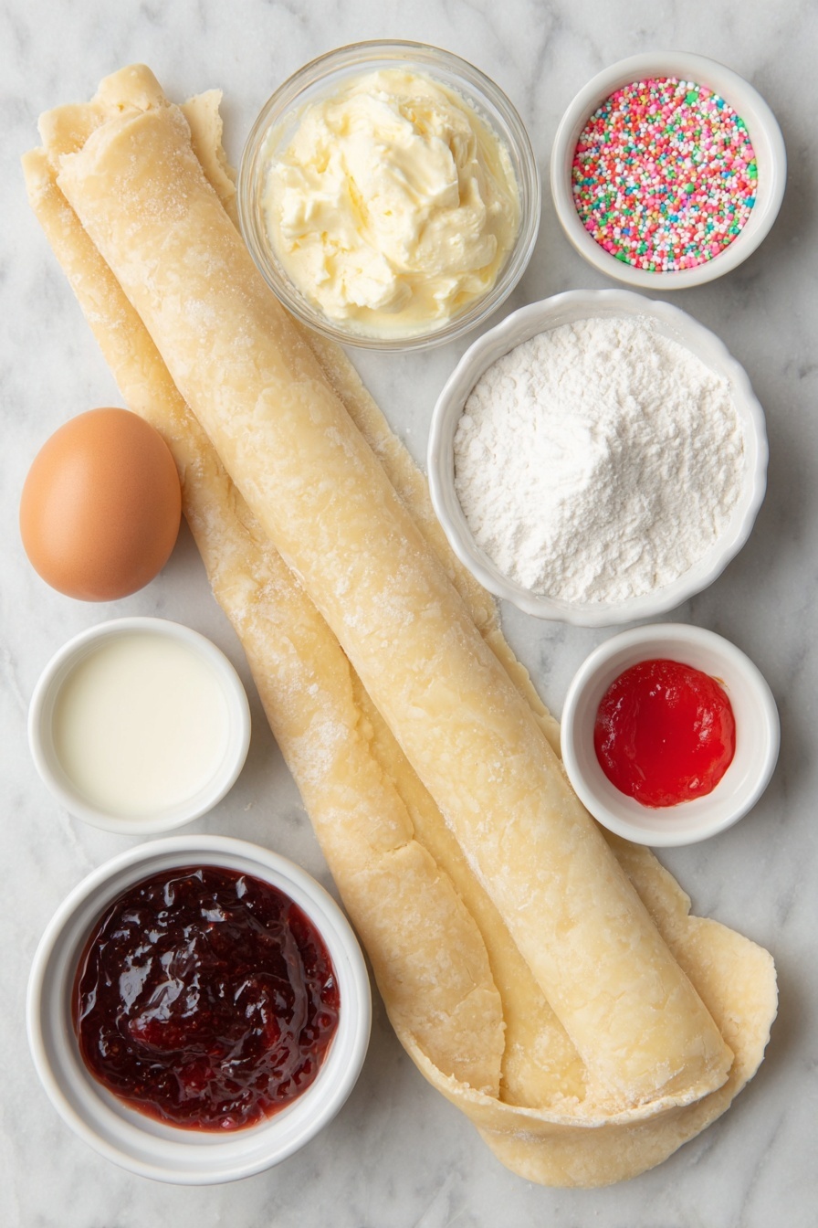 Flat lay of two unrolled sheets of smooth, pale beige premade pie crust dough, a small white ceramic bowl filled with vibrant red strawberry jam, one whole clean brown egg with uncracked shell, a small white bowl containing fine white confectioners sugar, another small white bowl with creamy milk, a third small white bowl holding clear pale vanilla extract, a tiny white bowl with a single drop of bright red liquid food coloring, and a scattering of colorful red and pink sprinkles artfully arranged beside the bowls, all items symmetrically placed on a clean white marble surface, soft natural light, photo taken with an iPhone, professional food photography style, fresh ingredients, white ceramic bowls, no bottles, no duplicates, no utensils, no packaging --ar 2:3 --v 7 --p m7354615311229779997 - Homemade Strawberry Pop Tarts, homemade pop tart recipe, strawberry pastry, easy breakfast treats, flaky homemade pop tarts