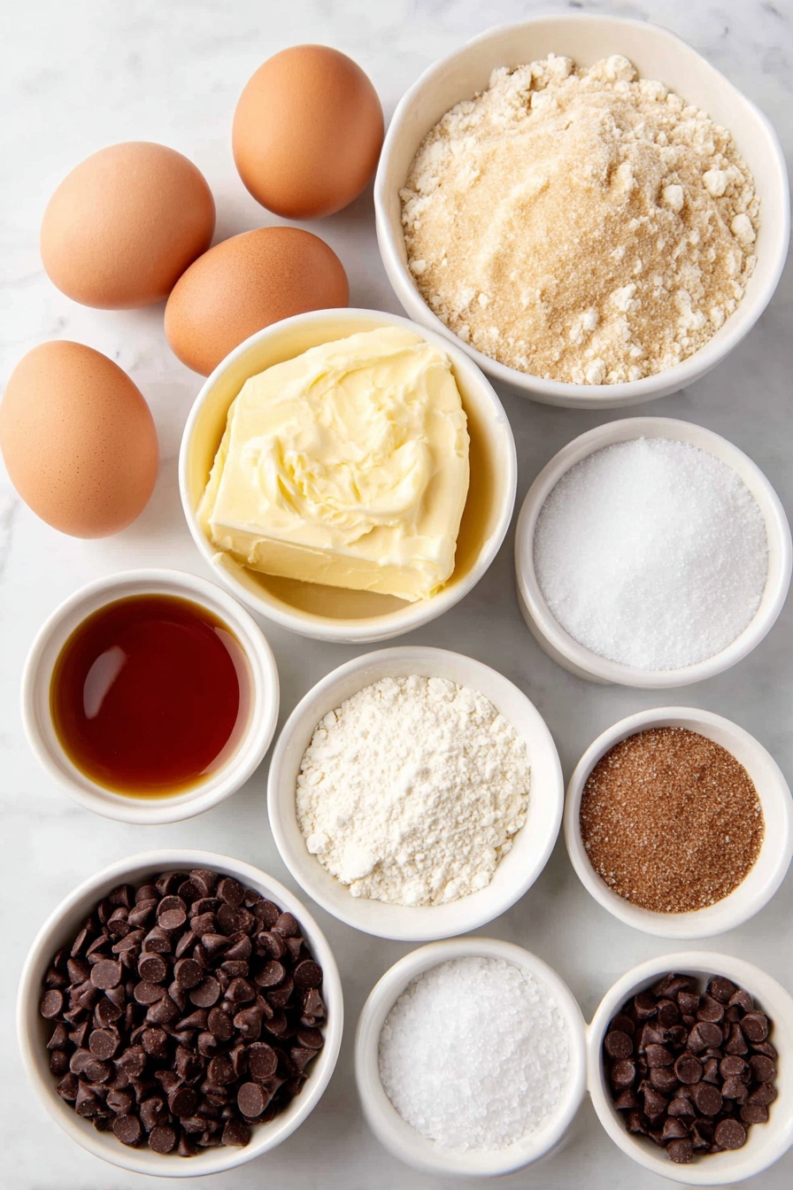 Flat lay of a small pool of golden brown butter with browned bits, a small white ceramic bowl of packed light brown sugar, a small white ceramic bowl of granulated sugar, two whole large eggs with clean shells, a small white ceramic bowl of pale beige sourdough discard, a small white ceramic bowl of rich amber vanilla extract, a small white ceramic bowl filled with all-purpose flour, a small white ceramic bowl containing white baking soda, a small white ceramic bowl with white baking powder, a small white ceramic bowl holding white flaky sea salt, a small white ceramic bowl with light brown ground cinnamon, and a small white ceramic bowl filled with dark semi-sweet chocolate chips — all arranged with perfect symmetry on a clean white marble surface, soft natural light, photo taken with an iPhone, professional food photography style, fresh ingredients, white ceramic bowls, no bottles, no duplicates, no utensils, no packaging --ar 2:3 --v 7 --p m7354615311229779997 - Brown Butter Sourdough Discard Chocolate Chip Cookies, sourdough discard cookies, chocolate chip cookie recipe, brown butter cookies, sourdough baking recipes