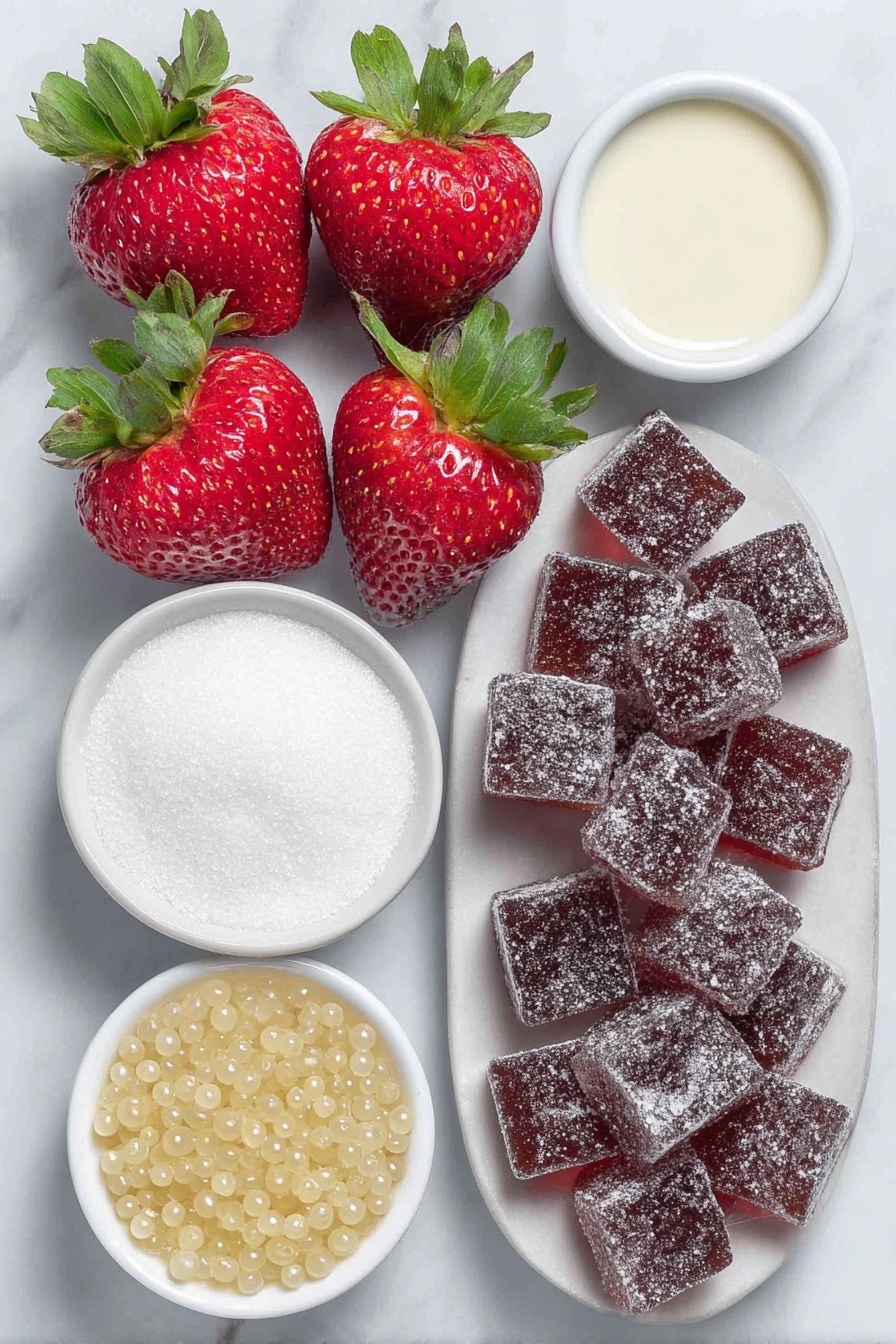 Flat lay of fresh whole strawberries with bright green leaves, a small white ceramic bowl of creamy coconut milk, a small white ceramic bowl of granulated white sugar, a small white ceramic bowl filled with translucent small tapioca pearls, a small white ceramic dish holding glossy, semi-transparent coconut jellies cut into cubes, all arranged symmetrically and proportionally placed on a clean white marble surface, soft natural light, photo taken with an iPhone, professional food photography style, fresh ingredients, white ceramic bowls, no bottles, no duplicates, no utensils, no packaging --ar 2:3 --v 7 --p m7354615311229779997 - Strawberry Coconut Sago Pudding, tropical dessert, coconut milk pudding, fruit tapioca pudding, easy summer dessert