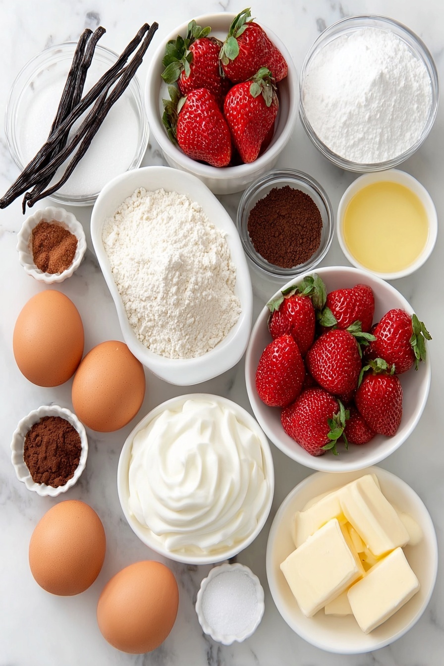 Flat lay of a small mound of all-purpose flour, two large brown eggs with uncracked shells, a small white bowl of white granulated sugar, a small white bowl of sour cream, a small white bowl of melted unsalted butter, a few fresh vanilla beans pods, a small white bowl of milk, a quarter teaspoon pile of nutmeg powder, a small white bowl of baking powder, a small white bowl of baking soda, a pinch of salt crystals, fresh washed strawberries quartered, a small white bowl overflowing with powdered sugar, and a small white bowl containing a small amount of milk, all arranged with perfect symmetry and realistic proportions in simple white ceramic bowls and plates placed on a clean white marble surface, soft natural light, photo taken with an iPhone, professional food photography style, fresh ingredients, white ceramic bowls, no bottles, no duplicates, no utensils, no packaging --ar 2:3 --v 7 --p m7354615311229779997 - Strawberry Glazed Donuts, homemade strawberry donuts, baked strawberry donuts, easy strawberry donut recipe, fruity glazed donuts