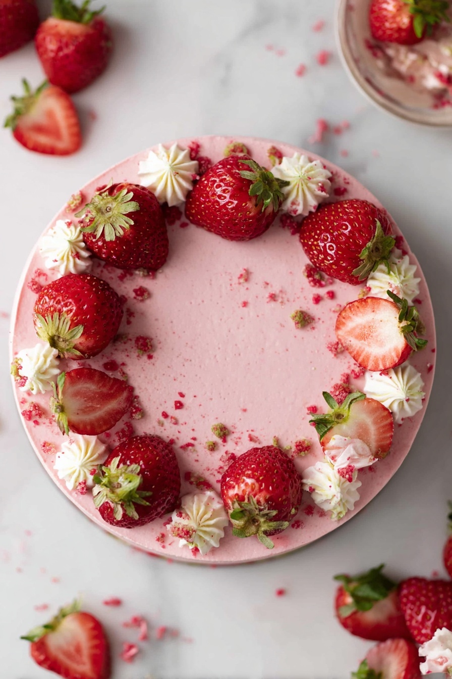 The image shows a thick slice of pink cake with three layers visible: the bottom and top layers are soft, moist, and pink, while the middle layer is a dark red jam spread between the cake layers. The cake is frosted with a smooth, light pink icing on the sides and top. The slice sits on a small textured beige plate. There are some fresh strawberries and another piece of the same cake on a scalloped white plate with gold trim in the background. The whole scene is on a white marbled surface. photo taken with an iphone --ar 2:3 --v 7 - Vegan Strawberry Cake, vegan strawberry dessert, plant-based strawberry cake, dairy-free strawberry cake, healthy vegan cake