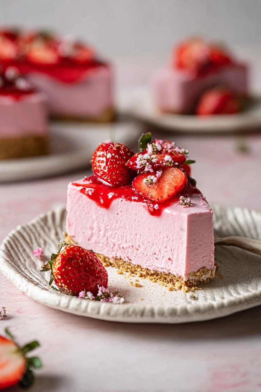 A slice of strawberry cheesecake is shown on a white ceramic plate with textured edges. The dessert has two layers: a light brown crumbly crust at the bottom, and a thick, smooth pink creamy cheesecake layer on top. The cheesecake is topped with bright red strawberry sauce and fresh strawberries, with some small white sprinkles on the strawberries. In the background, two more slices of the same cheesecake are visible on the same white marbled surface. photo taken with an iphone --ar 2:3 --v 7 - Vegan Strawberry Cheesecake, dairy-free strawberry dessert, plant-based cheesecake recipe, vegan berry cheesecake, vegan strawberry tart