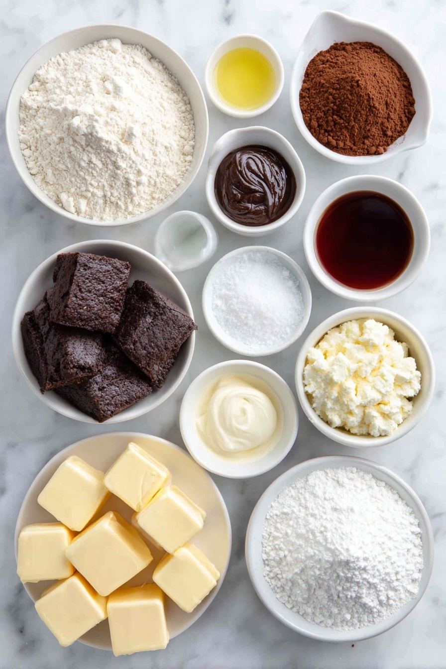 Flat lay of a small pile of all-purpose flour on a white ceramic plate, a small white bowl filled with granulated sugar, a small white bowl with unsweetened Dutch cocoa powder, tiny piles of baking powder, baking soda, and salt arranged neatly on the side, a small white bowl containing creamy buttermilk, another small white bowl with thick sour cream, a small white bowl holding pale yellow vegetable oil, a small white bowl with clear white vinegar, two whole uncracked brown eggs, a small white bowl with red gel food coloring, cubes of pale yellow butter arranged on a white ceramic plate, a small white bowl of full-fat cream cheese, a neat mound of powdered sugar on a white ceramic plate, and a small white bowl with a dollop of vanilla bean paste, all placed on a clean white marble surface, soft natural light, photo taken with an iPhone, professional food photography style, fresh ingredients, white ceramic bowls, no bottles, no duplicates, no utensils, no packaging --ar 2:3 --v 7 --p m7354615311229779997 - Red Velvet Cupcakes with Cream Cheese Frosting, best red velvet cupcake recipe, moist red velvet cupcakes, homemade red velvet cupcakes, easy red velvet cupcakes