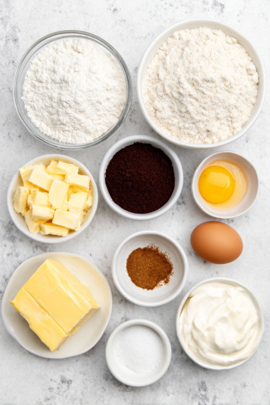 Flat lay of a small round glass bowl filled with active sourdough starter, a small white ceramic bowl of warm milk, a small white ceramic bowl holding dark brown sugar, a small white ceramic bowl with melted unsalted butter, a whole large egg with clean shell, a neat mound of bread flour, a small white ceramic bowl containing warm heavy cream, a small slab of softened unsalted butter, a small white ceramic bowl with a cinnamon and dark brown sugar mixture, a block of cream cheese, a small white ceramic bowl of powdered sugar, and a small white ceramic bowl of heavy cream placed on a clean white marble surface, soft natural light, photo taken with an iPhone, professional food photography style, fresh ingredients, white ceramic bowls, no bottles, no duplicates, no utensils, no packaging --ar 2:3 --v 7 --p m7354615311229779997 - Sourdough Cinnamon Rolls, sourdough cinnamon roll recipe, homemade sourdough breakfast treats, fluffy sourdough rolls, cinnamon swirl bread