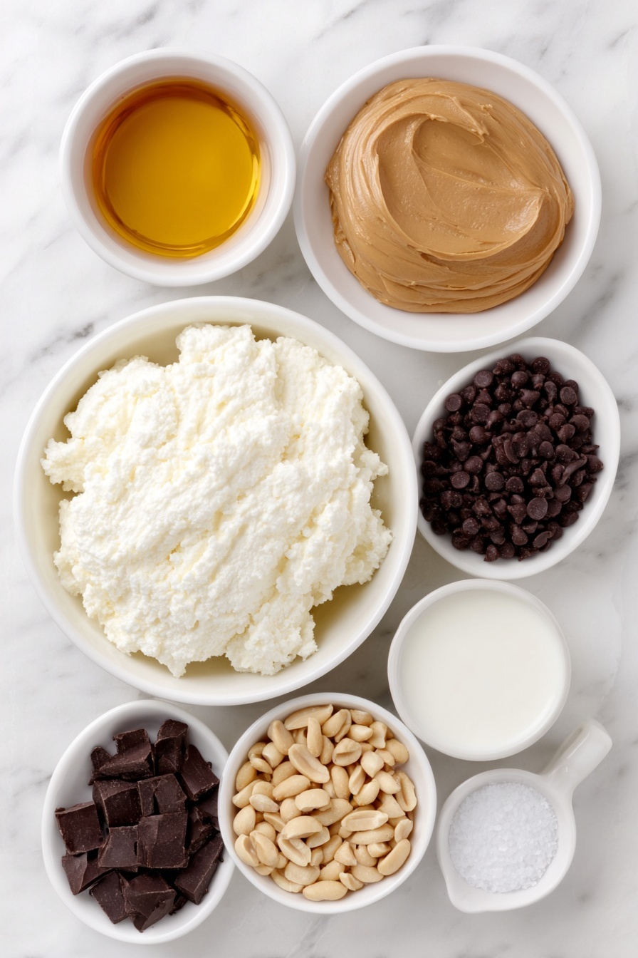 Flat lay of fresh full-fat cottage cheese scooped into a small white ceramic bowl, a smooth dollop of natural creamy peanut butter on a white plate, a small white bowl filled with golden maple syrup, a small white bowl with clear vanilla extract, a pinch of coarse salt crystals scattered neatly on the surface, a small white bowl of fresh milk, a small white bowl holding glossy dark chocolate chips, a tiny white bowl with liquid coconut oil, and a small pile of chopped raw peanuts arranged artfully around the bowls, placed on a clean white marble surface, soft natural light, photo taken with an iPhone, professional food photography style, fresh ingredients, white ceramic bowls, no bottles, no duplicates, no utensils, no packaging --ar 2:3 --v 7 --p m7354615311229779997 - Peanut Butter Cottage Cheese Mousse, healthy protein mousse, quick dessert recipes, easy high-protein snacks, creamy cottage cheese desserts