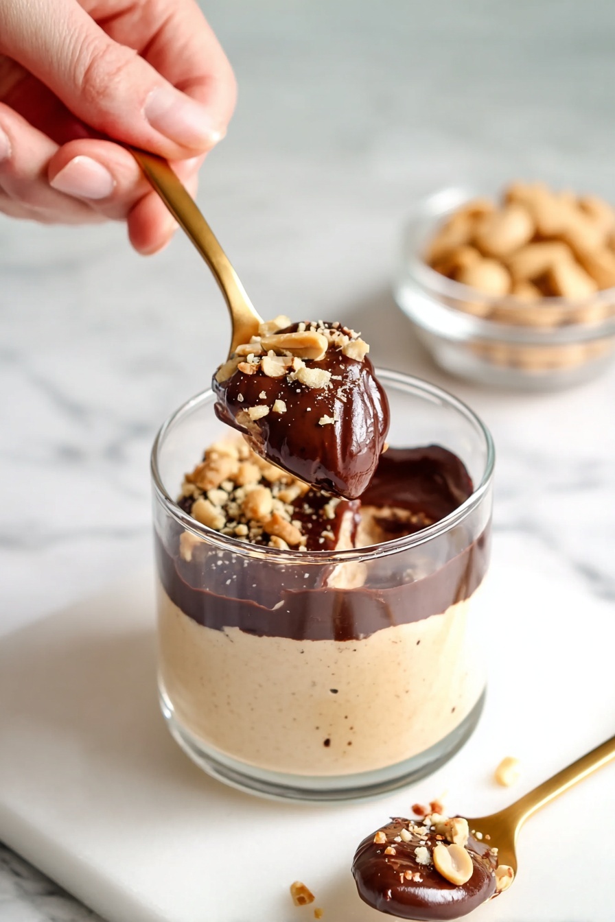 A clear glass cup filled with two layers: the bottom layer is smooth, creamy light beige with tiny specks, and the top layer is thick, dark brown chocolate sauce sprinkled with small pieces of chopped nuts. A woman's hand holds a gold spoon lifting a scoop showing both layers together, with some nuts on top. Another gold spoon with a small amount of dessert rests on a white marbled surface in front. In the background, there is a small clear bowl of peanuts. Photo taken with an iphone --ar 2:3 --v 7 - Peanut Butter Cottage Cheese Mousse, healthy protein mousse, quick dessert recipes, easy high-protein snacks, creamy cottage cheese desserts