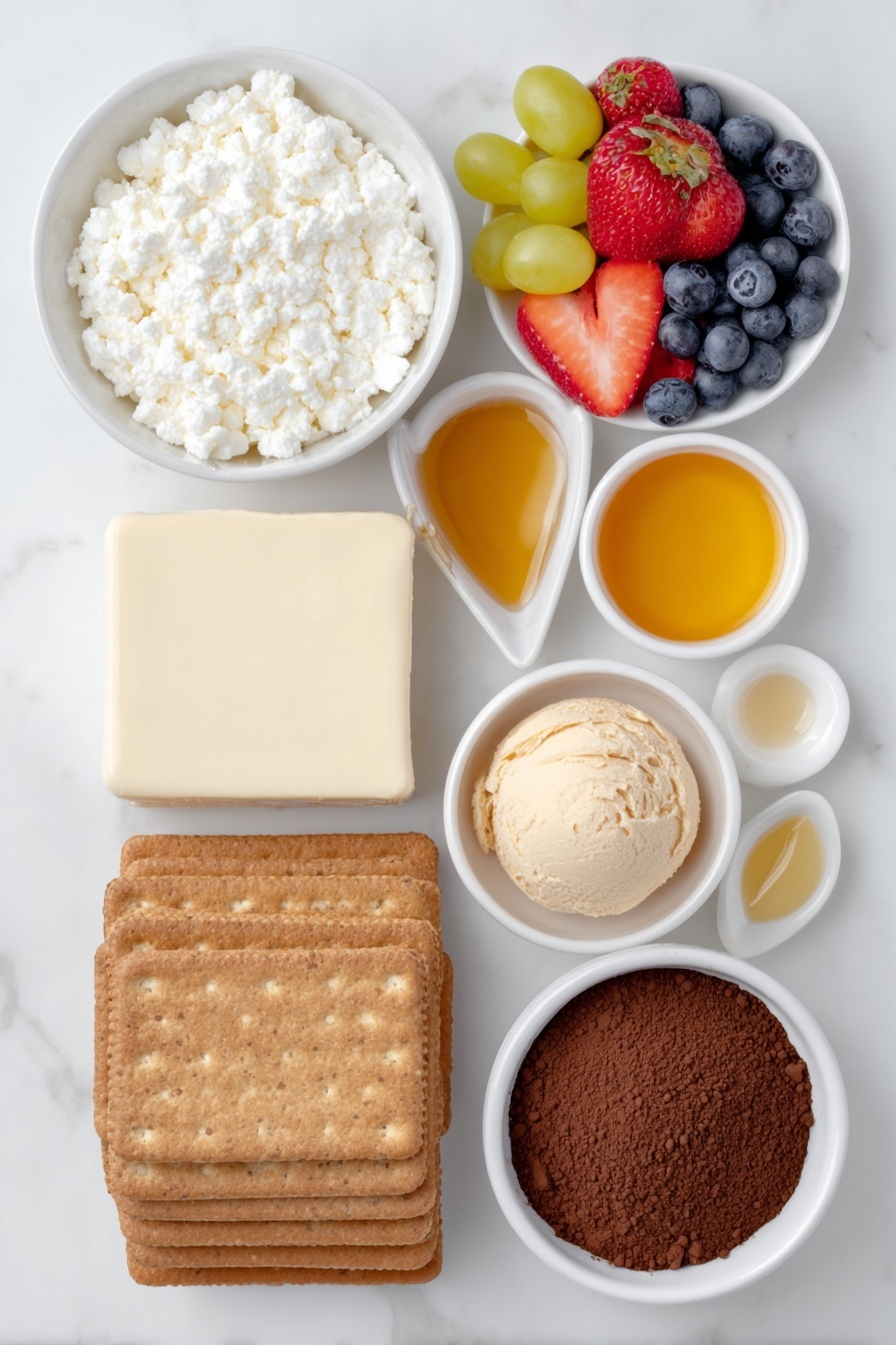 Flat lay of a small mound of creamy white cottage cheese, a smooth round block of fat-free cream cheese, a neat scoop of light beige vanilla salted caramel protein powder, a small white bowl filled with golden sugar-free maple syrup, a small white bowl with clear pale vanilla extract, six whole keto graham crackers stacked neatly, a small white bowl with melted golden butter, fresh mixed fruits including plump blueberries, sliced strawberries, and green grapes arranged artfully, a small white bowl filled with rich dark brown cocoa powder, placed on a clean white marble surface, soft natural light, photo taken with an iPhone, professional food photography style, fresh ingredients, white ceramic bowls, no bottles, no duplicates, no utensils, no packaging --ar 2:3 --v 7 --p m7354615311229779997 - High Protein Cheesecake Jars, healthy protein dessert, guilt-free cheesecake, quick protein snack, portable healthy dessert