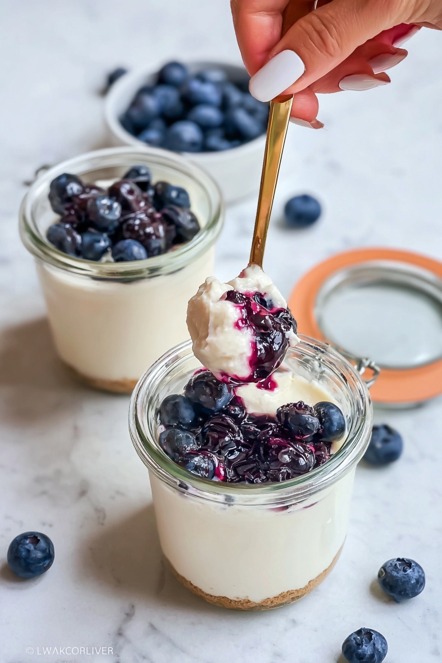 The image shows two glass jars filled with creamy white yogurt topped with dark purple blueberry jam and fresh whole blueberries. One jar is open with a gold spoon lifting a scoop of yogurt with some blueberries from inside. The jars sit on a white marbled surface, with loose fresh blueberries scattered around. A woman's hand with long nails holds the spoon above the jar, showing the creamy texture and berry topping. Photo taken with an iphone --ar 2:3 --v 7 - High Protein Cheesecake Jars, healthy protein dessert, guilt-free cheesecake, quick protein snack, portable healthy dessert