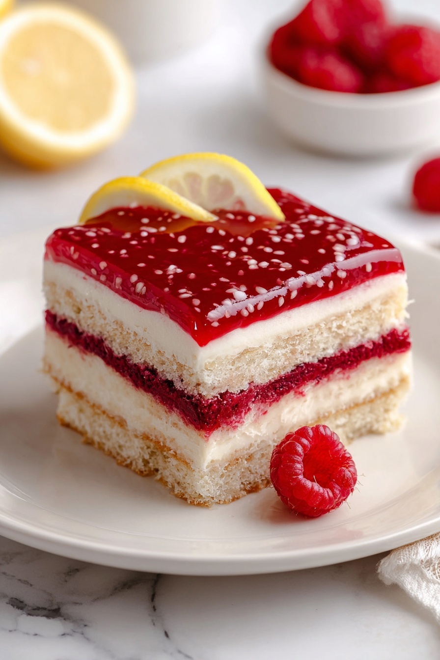 A square slice of layered dessert is shown on a white plate set on a white marbled surface. The dessert has four clear layers; from bottom to top, the first layer is a light beige cake base. The second layer is a smooth white cream. The third layer is a thick, bright red raspberry layer. The fourth layer is another light beige cake layer topped with a smooth white cream layer. The topmost layer is a glossy, deep red raspberry glaze with visible raspberry seeds. A thin lemon slice and a fresh raspberry sit on one corner of the dessert. In the background, a small white bowl with fresh raspberries is slightly out of focus, with a single raspberry and lemon slice placed on the white marbled surface nearby. Photo taken with an iphone --ar 2:3 --v 7 - Raspberry Tiramisu, raspberry tiramisu recipe, fruity tiramisu dessert, easy raspberry tiramisu, summer berry tiramisu