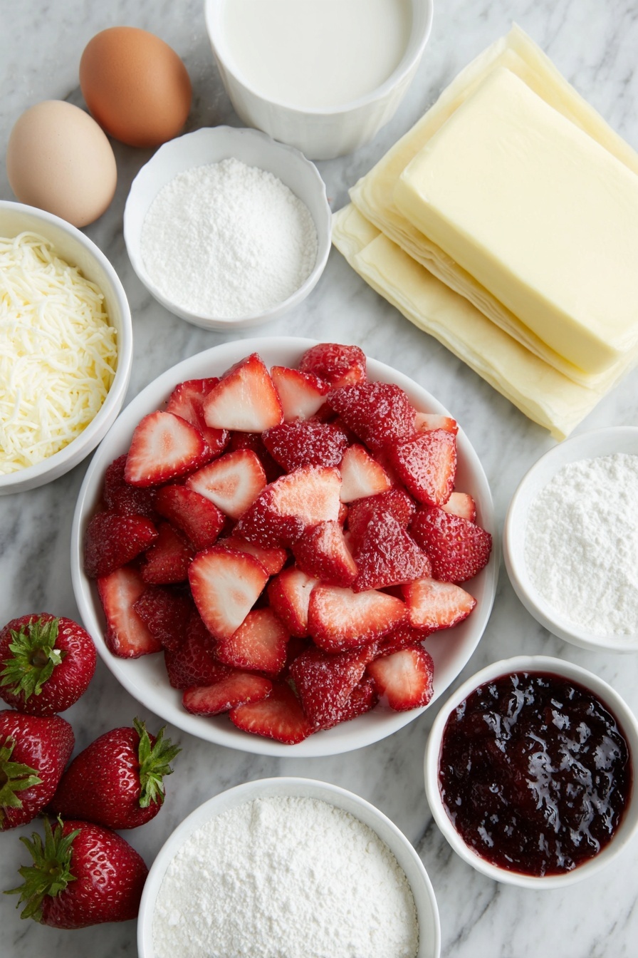 Flat lay of fresh sliced bright red strawberries spread in a simple white ceramic bowl, a small white bowl with fine white cornstarch powder, a small white bowl with granulated white sugar, a smooth block of cream cheese at room temperature on a white plate, powdered sugar in a small white bowl, a small white bowl containing clear vanilla extract, two rectangular thawed pale golden puff pastry sheets on a clean white plate, a single large whole egg with a clean shell, a small white bowl with strawberry jam showing glossy red texture, a small white bowl with white powdered sugar, a small white bowl with fresh white milk, placed on a clean white marble surface, soft natural light, photo taken with an iPhone, professional food photography style, fresh ingredients, white ceramic bowls, no bottles, no duplicates, no utensils, no packaging --ar 2:3 --v 7 --p m7354615311229779997 - Easy Strawberry Cream Cheese Danish, Strawberry Danish Pastry, Flaky Breakfast Pastry, Homemade Strawberry Danish, Easy Fruit Danish Recipes