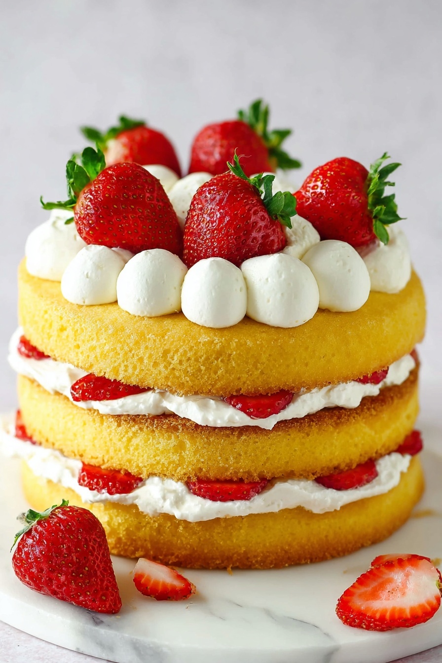 A slice of cake with two thick, soft yellow layers sits on a white plate with a decorative edge. Between the cake layers is a layer of white cream mixed with bright red strawberry slices. The strawberries are sliced thin and placed evenly with the cream, showing their juicy texture. On the side of the cake slice, there is a thick dollop of white cream topped with a whole strawberry half. In the background, there is a blurred white bowl filled with whole strawberries on a white marbled surface. photo taken with an iphone --ar 2:3 --v 7 - Strawberry Shortcake Cake, strawberry shortcake cake recipe, layered strawberry cake, easy strawberry dessert, summer fruit cake