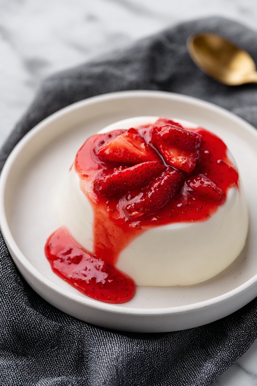 A close-up view of a glass jar filled with bright red strawberry jam, showing several large strawberry pieces floating in thick, shiny jam. A wooden spoon is dipped into the jar from the right side, partially visible, touching the jam near the rim. The jar is sitting on a surface with a white marbled texture. The jam looks smooth and glossy with a rich, deep red color. photo taken with an iphone --ar 2:3 --v 7 - Homemade Strawberry Pie Filling, strawberry pie filling recipe, fresh strawberry pie filling, easy homemade pie filling, strawberry dessert filling