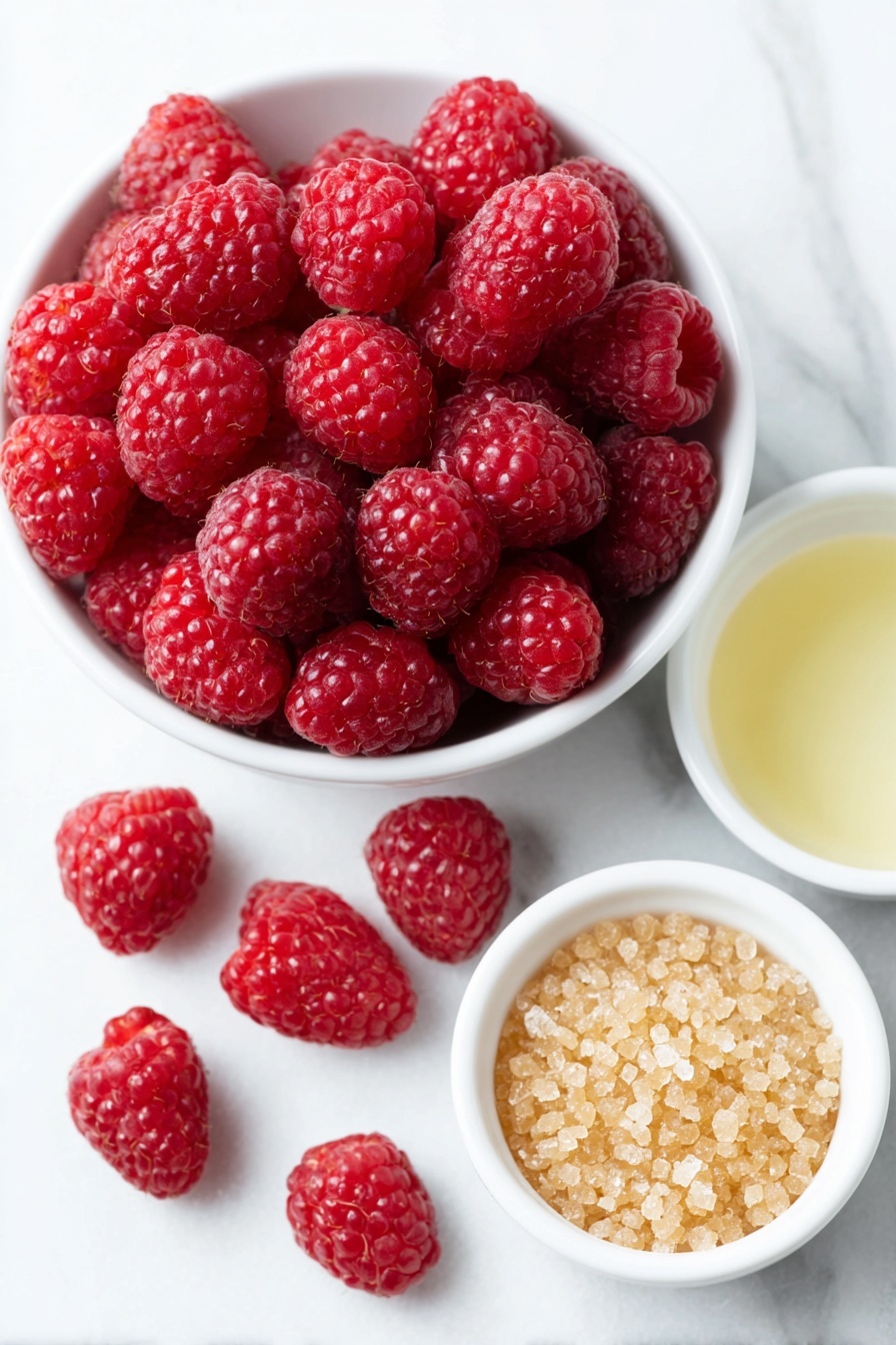 Flat lay of fresh red raspberries scattered neatly beside a small white ceramic bowl of clear water, a small white bowl filled with natural golden cane sugar crystals, and a tiny white bowl holding translucent vanilla extract, all arranged in perfect symmetry on a clean white marble surface, soft natural light, photo taken with an iPhone, professional food photography style, fresh ingredients, white ceramic bowls, no bottles, no duplicates, no utensils, no packaging --ar 2:3 --v 7 --p m7354615311229779997 - Raspberry Simple Syrup, raspberry syrup recipe, homemade raspberry syrup, fruity syrup for drinks, easy berry syrup