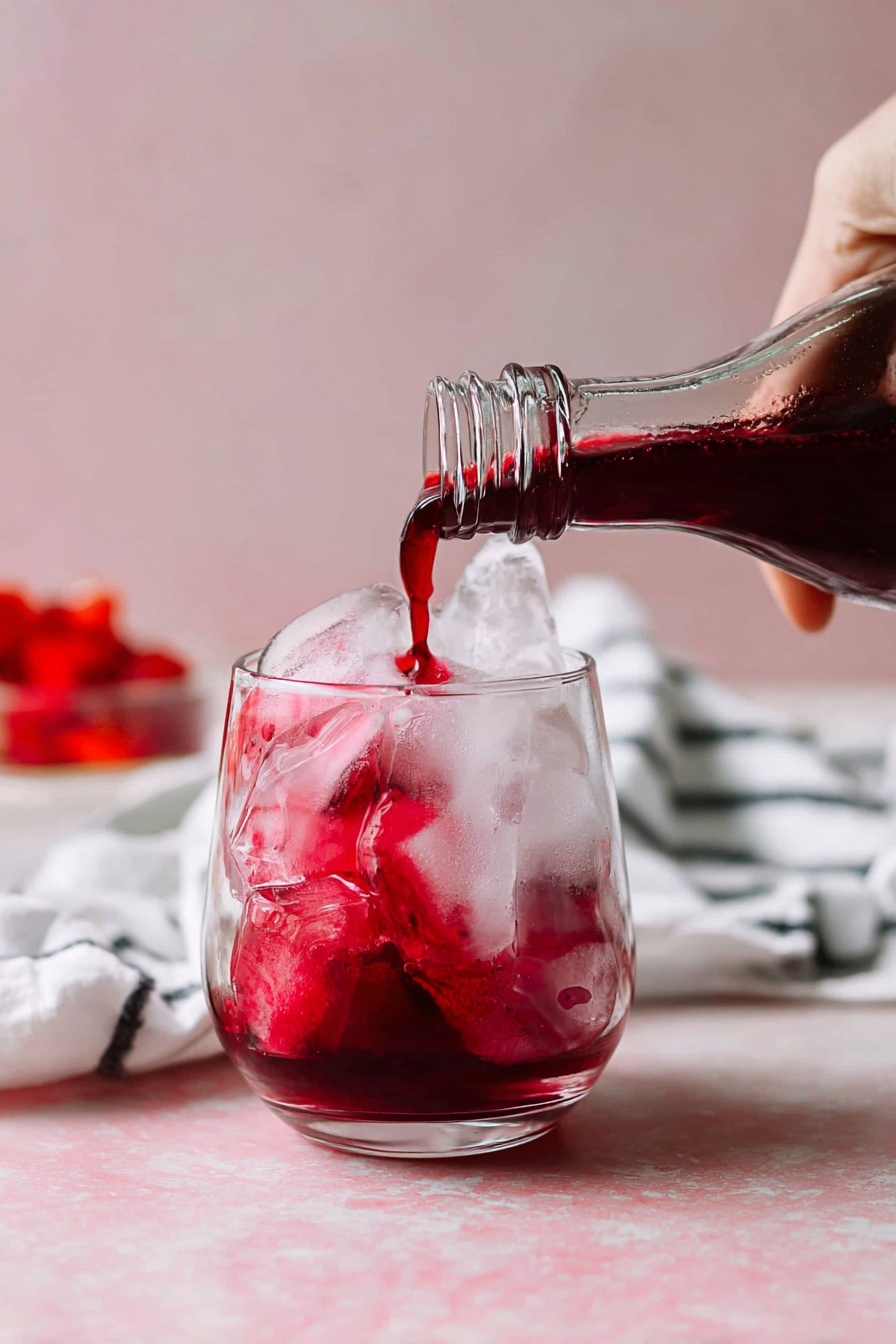 A clear glass filled with large ice cubes shows red liquid being poured into it from a glass bottle held by a woman's hand at the top right of the image. The red liquid swirls through the clear ice, creating a mix of deep red and translucent textures. The glass sits on a pink surface with a white marbled background softly blurred behind it. A white cloth with thin black stripes is seen in the background on the left side, and some red fruit is slightly out of focus in the upper middle and right parts of the image. photo taken with an iphone --ar 2:3 --v 7 - Raspberry Simple Syrup, raspberry syrup recipe, homemade raspberry syrup, fruity syrup for drinks, easy berry syrup
