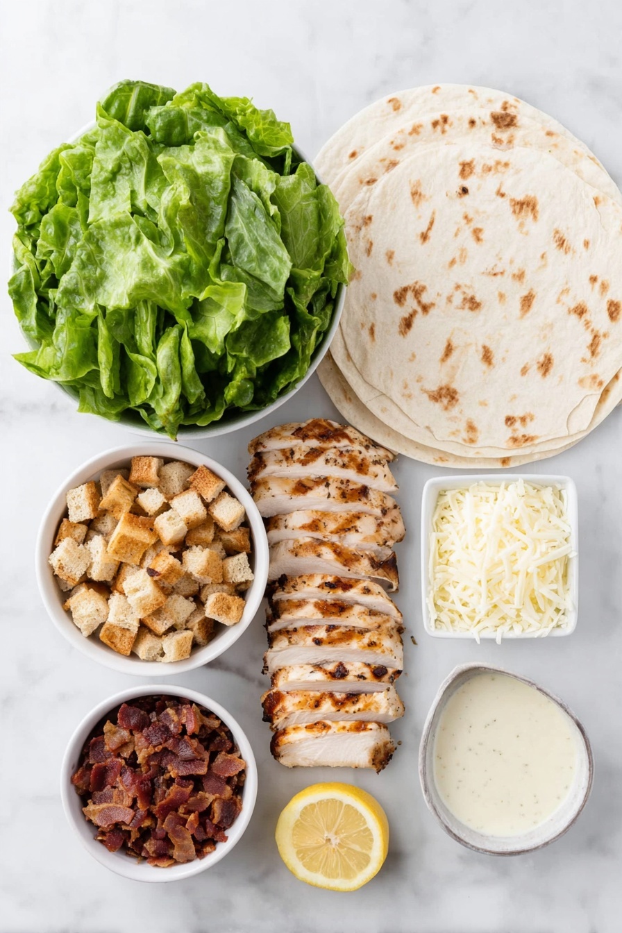 Flat lay of four large plain flour tortillas laid flat, fresh bright green romaine lettuce leaves, two grilled chicken breasts sliced into strips with golden char marks, small white ceramic bowl with finely grated pale parmesan cheese, small white ceramic bowl filled with halved vibrant red cherry tomatoes, small white ceramic bowl holding crunchy golden-brown croutons, small white ceramic bowl containing smoky brown bacon bits, small white ceramic bowl with creamy off-white Caesar dressing, small white ceramic bowl with fresh lemon wedges, small white ceramic bowl with a pinch of black pepper, small white ceramic bowl with garlic powder, all ingredients arranged symmetrically on a clean white marble surface, soft natural light, photo taken with an iPhone, professional food photography style, fresh ingredients, white ceramic bowls, no bottles, no duplicates, no utensils, no packaging --ar 2:3 --v 7 --p m7354615311229779997 - Chicken Caesar Wraps, easy Caesar wrap recipe, quick lunch ideas, healthy chicken wraps, flavorful chicken wraps