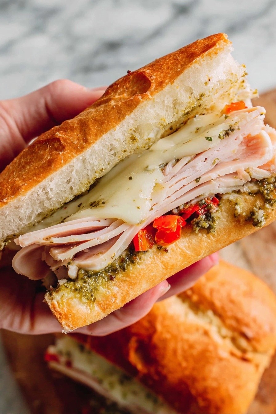 A sandwich is held by a woman's hand, made with a golden-brown crusty roll. Inside, there are layers of light pink sliced turkey meat folded smoothly, topped by melted white cheese with herbs visible in it. Below the turkey, there is a layer of greenish pesto mixed with pieces of red roasted peppers. The bread looks soft and airy inside, contrasting with its crunchy outer texture. The photo is taken on a white marbled surface, with the sandwich as the clear focus. Photo taken with an iphone --ar 2:3 --v 7 - Copycat Starbucks Turkey Pesto Sandwich, Starbucks turkey pesto sandwich copycat, homemade Starbucks turkey pesto, how to make turkey pesto sandwich, best turkey pesto sandwich