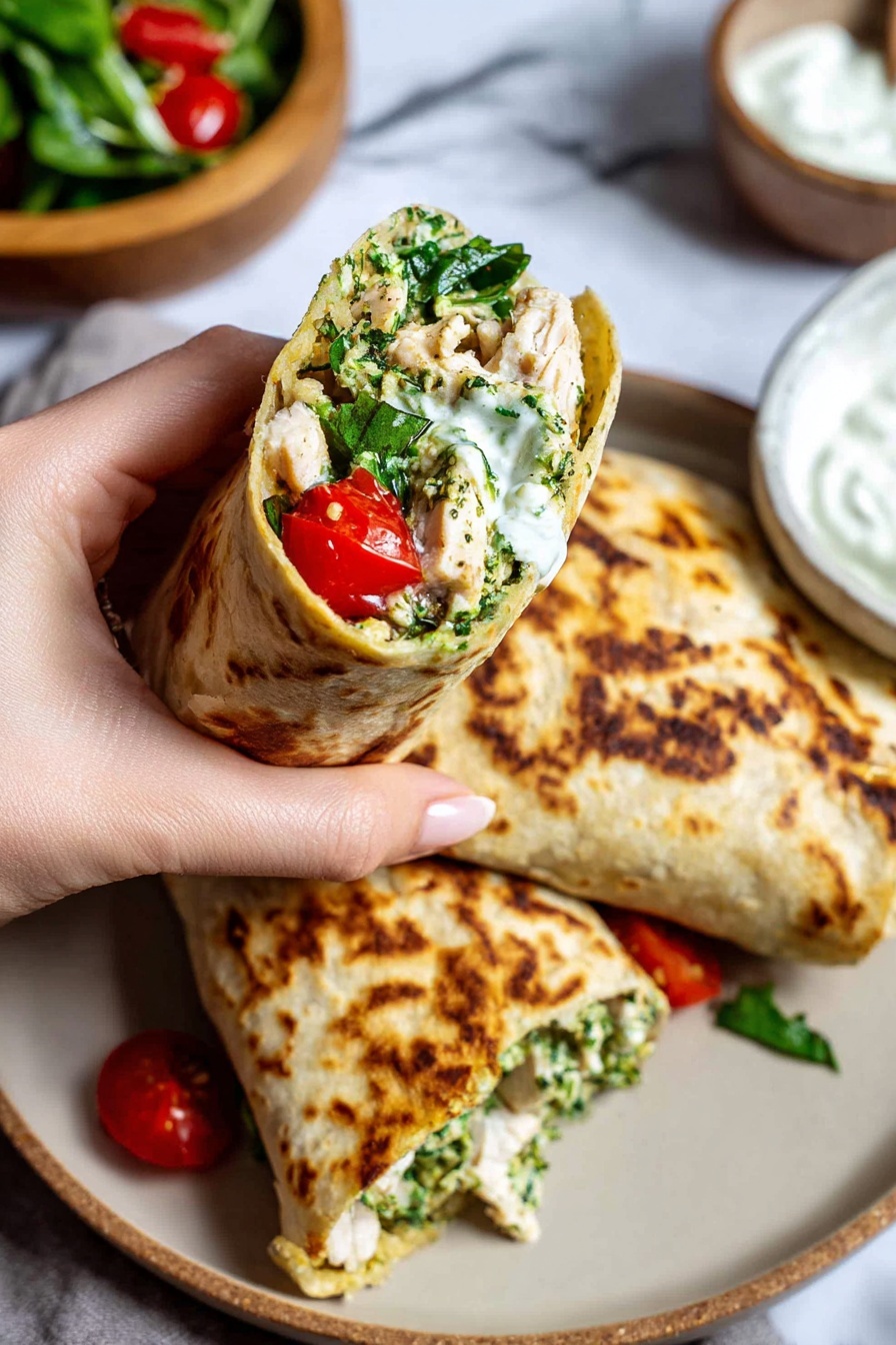 A close-up of a hand holding a toasted tortilla wrap filled with a mixture of green herbs, white pieces of chicken, red cherry tomatoes, and leafy greens. The wrap is golden brown with some darker toasted spots. On a beige plate below, there are two more folded, toasted wraps showing the same golden color and texture. In the background, there is a wooden bowl with white sauce and a white bowl with a spoon, all placed on a white marbled surface. photo taken with an iphone --ar 2:3 --v 7 - Chicken Pesto Wraps, chicken pesto wraps, easy chicken wraps, healthy lunch ideas, flavorful dinner wraps