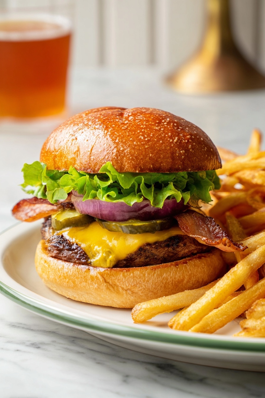 A burger sits on a white plate next to a pile of golden, crispy fries. The burger has a soft, shiny sesame seed bun with a green lettuce leaf just under the top bun. Below the lettuce, there are several green pickles and a thick ring of purple onion. Under the onion, there is a slice of bright yellow cheese melting slightly over a thick, juicy beef patty. A strip of crispy bacon peeks out from under the cheese. The bottom bun is toasted and light brown. The plate is on a white marbled surface with a glass of amber-colored drink blurred in the background. Photo taken with an iphone --ar 2:3 --v 7 - Homemade Hamburger Buns, easy burger buns, soft sandwich buns, homemade bread rolls, fluffy burger buns