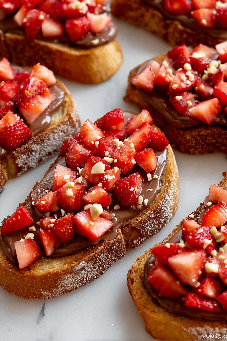 The image shows several slices of toasted bread with three layers each. The base layer is the toasted bread, light brown and crispy. On top of the bread is a thick spread of smooth, dark brown chocolate or hazelnut spread, covering the whole surface evenly. The top layer consists of small, bright red diced strawberries scattered generously. Some crushed light tan nuts are sprinkled on the strawberries. The slices are arranged on a white marbled surface. photo taken with an iphone --ar 2:3 --v 7 - Strawberry Nutella Toasts, quick strawberry Nutella breakfast, easy Nutella toast ideas, students snack recipes, fruity Nutella dessert