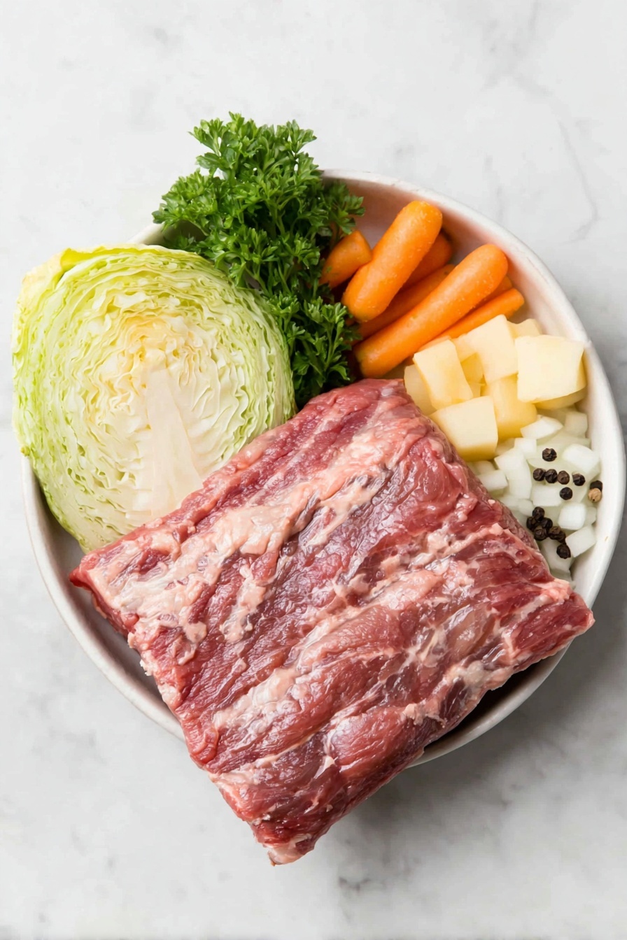 Flat lay of a fresh, lean corned beef brisket with trimmed fat, a small head of green cabbage cut into six wedges, two peeled medium carrots cut into chunks, two peeled medium parsnips cut into chunks, a small pile of frozen pearl onions, a small bunch of finely chopped fresh parsley, two whole bay leaves, and a few whole black peppercorns arranged neatly in a simple white ceramic bowl, all placed on a clean white marble surface, soft natural light, photo taken with an iPhone, professional food photography style, fresh ingredients, white ceramic bowls, no bottles, no duplicates, no utensils, no packaging --ar 2:3 --v 7 --p m7354615311229779997 - Crock Pot Corned Beef and Cabbage, slow cooker corned beef and cabbage, easy corned beef and cabbage, Irish beef and cabbage, slow cooker St. Patrick's Day meal