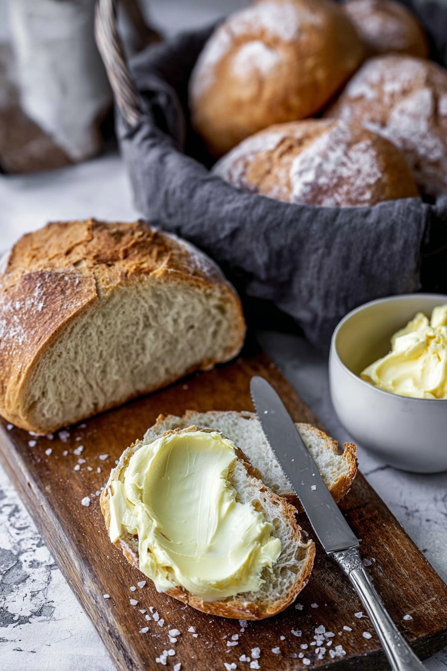 The image shows a wooden board on a white marbled texture surface with a loaf of rustic brown bread partially sliced, revealing soft white inside. One slice is topped with a thick, smooth layer of pale yellow butter with some salt flakes on top. Nearby, there is a small white bowl filled with butter and a silver butter knife resting on it, with butter spread on the knife. In the background, there is a basket lined with a dark cloth holding more round bread loaves with a golden brown crust and light dusting of flour. Photo taken with an iphone --ar 2:3 --v 7 - Irish Soda Bread, Irish Soda Bread Recipe, How to Make Irish Soda Bread, Easy Irish Soda Bread, Rustic Irish Bread