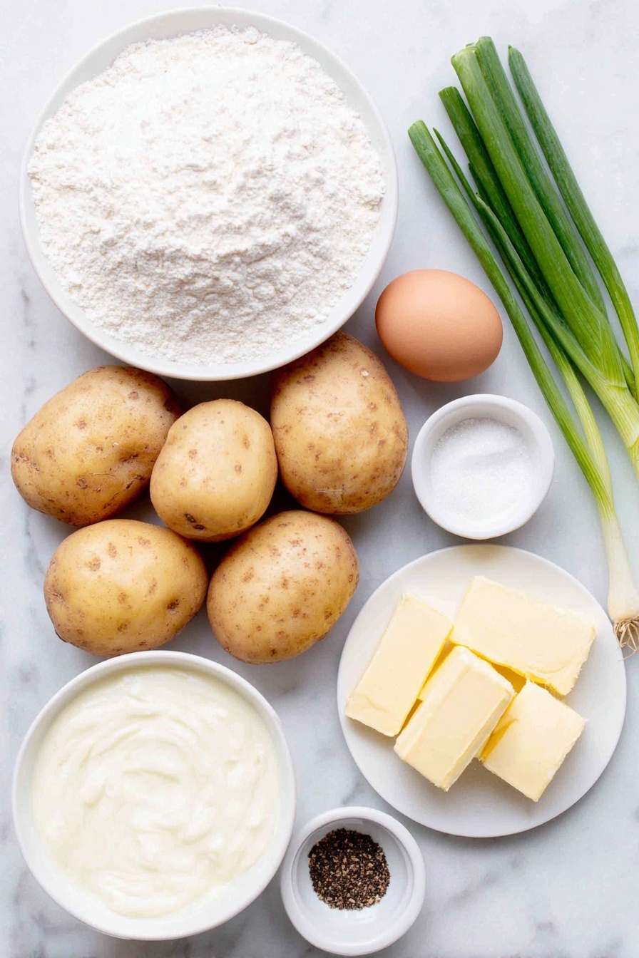 Flat lay of peeled and halved russet potatoes, a small mound of all-purpose flour on a white ceramic plate, a single large whole egg with a clean shell, thinly sliced fresh scallions arranged neatly on a white ceramic dish, a small white bowl filled with creamy buttermilk, a small white bowl holding fine kosher salt crystals, a small white bowl containing baking soda powder, a small white bowl with freshly ground black pepper, a few pats of unsalted butter stacked on a plain white ceramic plate placed on a clean white marble surface, soft natural light, photo taken with an iPhone, professional food photography style, fresh ingredients, white ceramic bowls, no bottles, no duplicates, no utensils, no packaging --ar 2:3 --v 7 --p m7354615311229779997 - Irish Potato Pancakes, Irish Potato Pancakes Recipe, homemade Irish potato pancakes, traditional Irish potato cakes, crispy potato pancakes